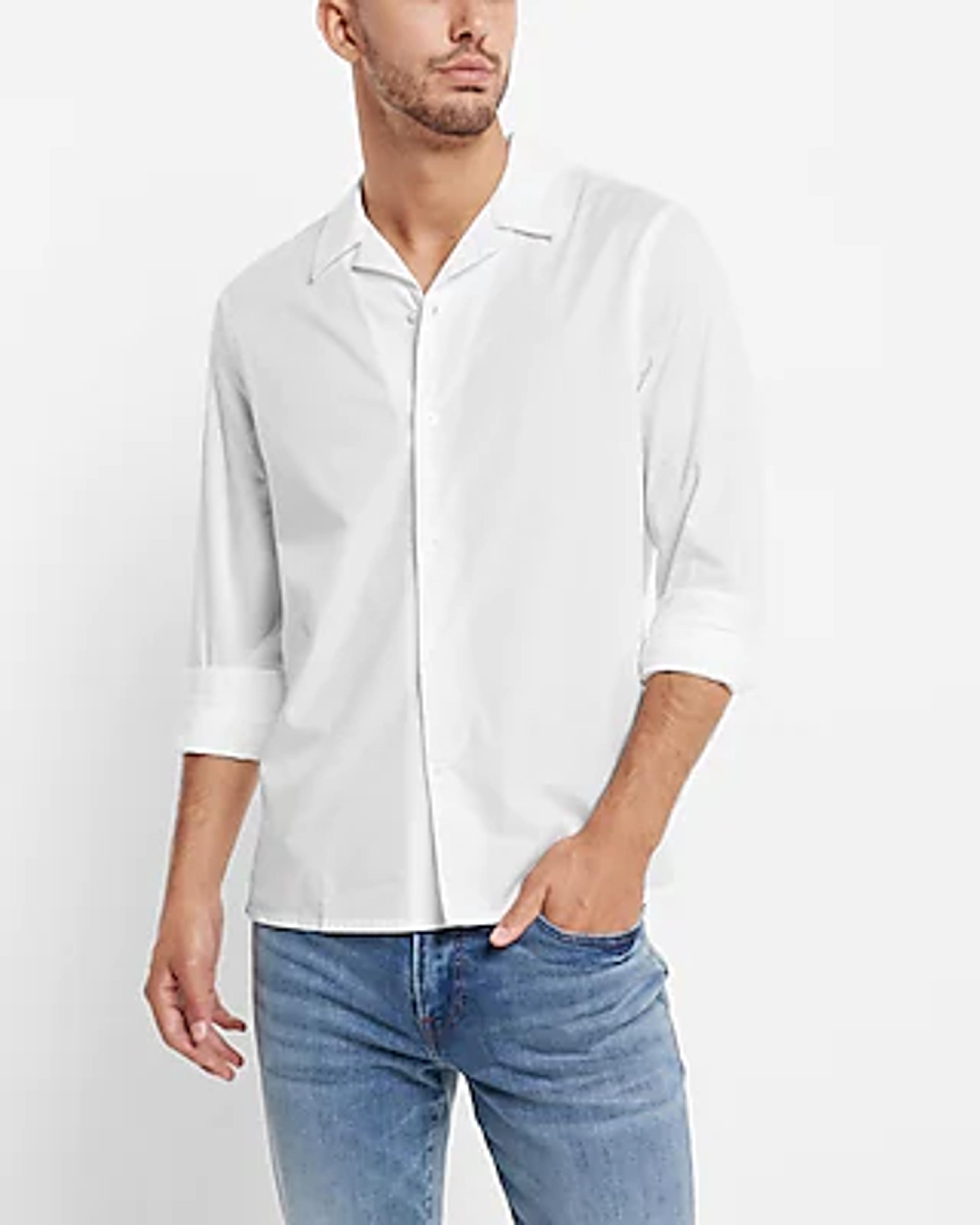 Solid Camp Collar Stretch Cotton Shirt