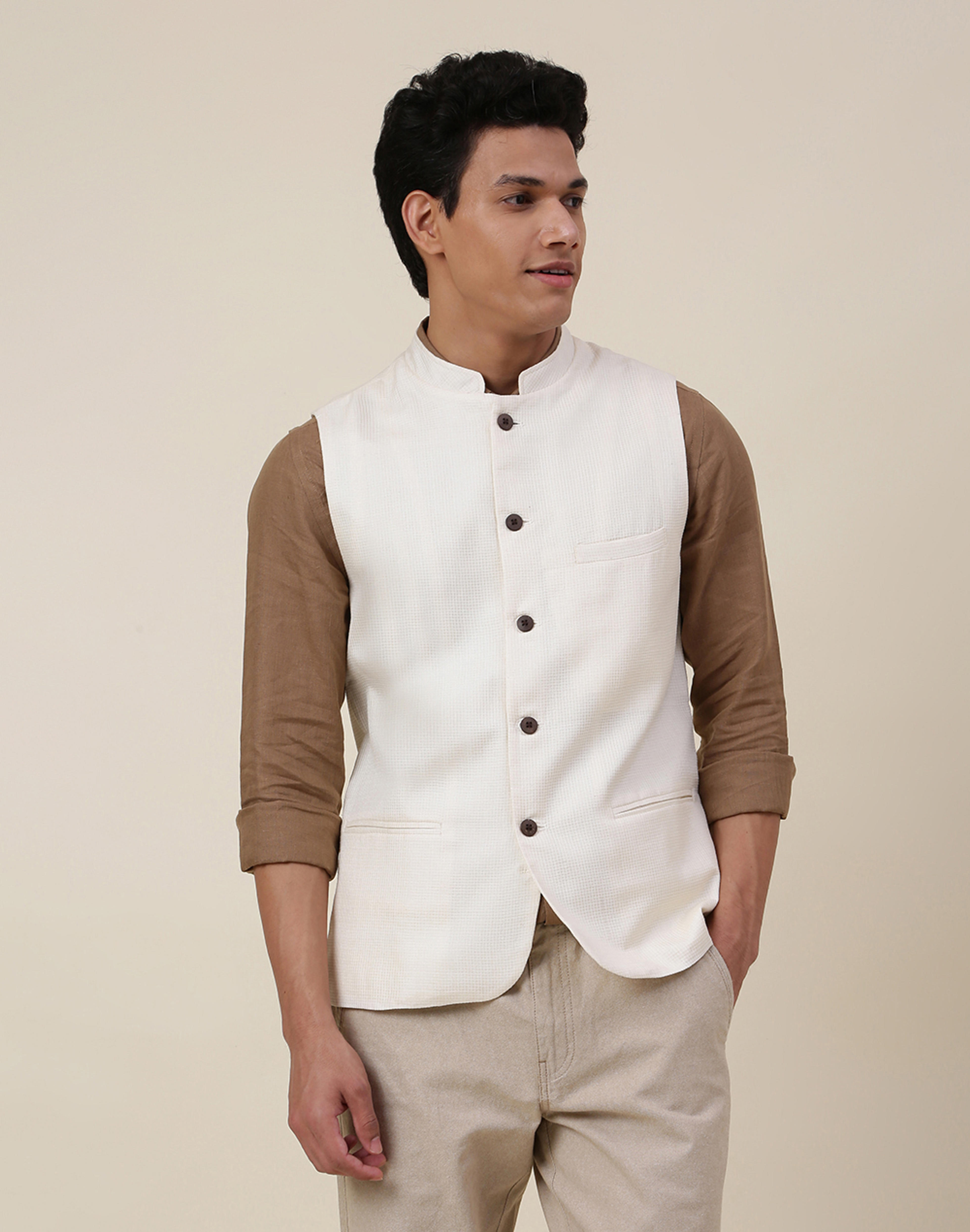 Buy White Cotton Silk Checks Vest for Men Online at Fabindia | 10741660