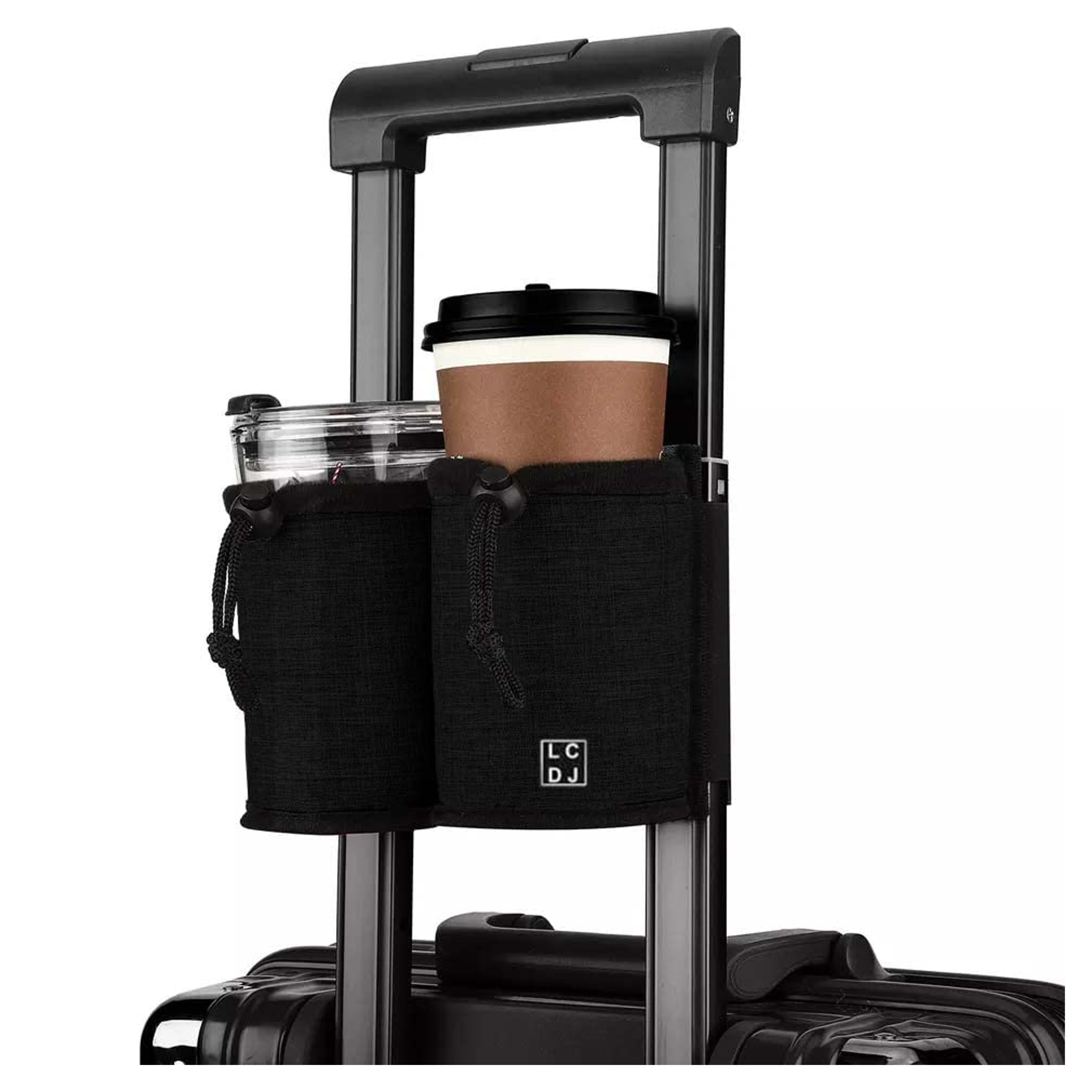 Amazon.com: LCDJ Luggage Travel Cup Holder Waterproof Black Free Hand Drink Caddy Pocket Hold Two Coffee Mugs - Travelers Accessories - Fits Roll on Suitcase Handles - Gifts for Flight Attendants : Clothing, Shoes & Jewelry