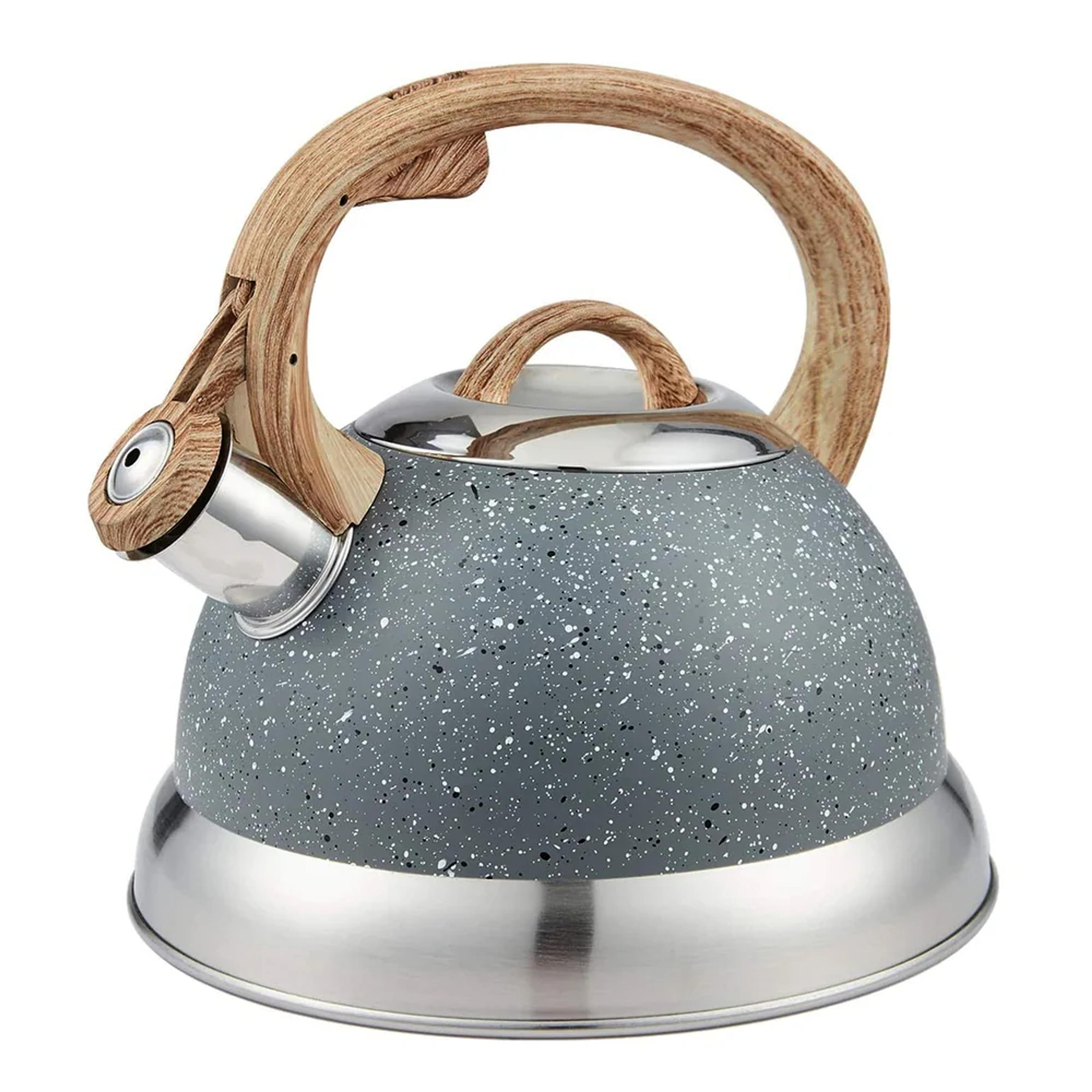 Creative Home 2.3 Qt. Stainless Steel Whistling Tea Kettle with Ergonomic Wood Rubber Touching Handle, Opaque Gray with Speckle - On Sale - Bed Bath & Beyond - 36065686