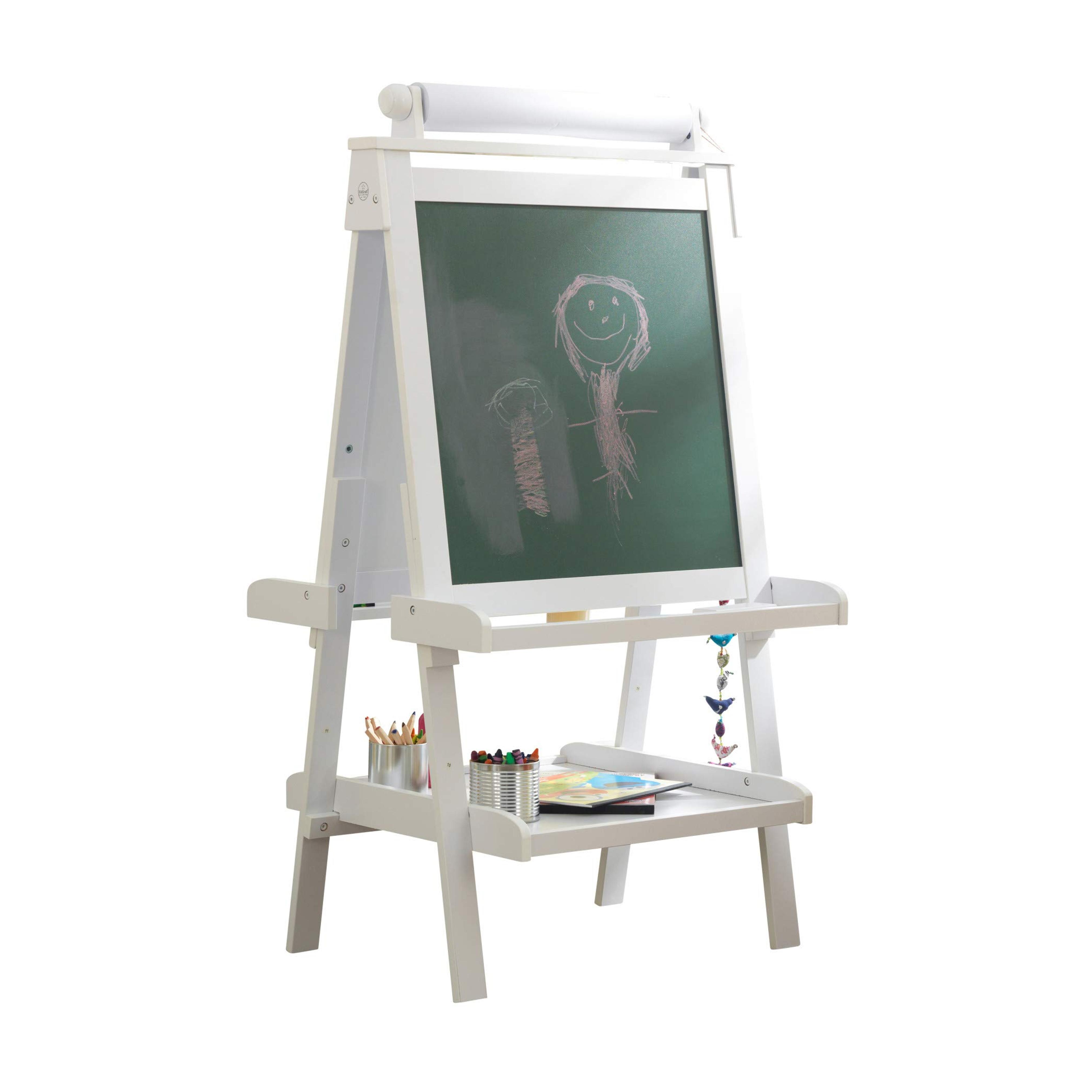 KidKraft Deluxe Wooden Easel with Chalkboard and Dry Erase Surfaces, Paper Roll and Paint Cups - White, Gift for Ages 3+ 25.5 x 24 x 48