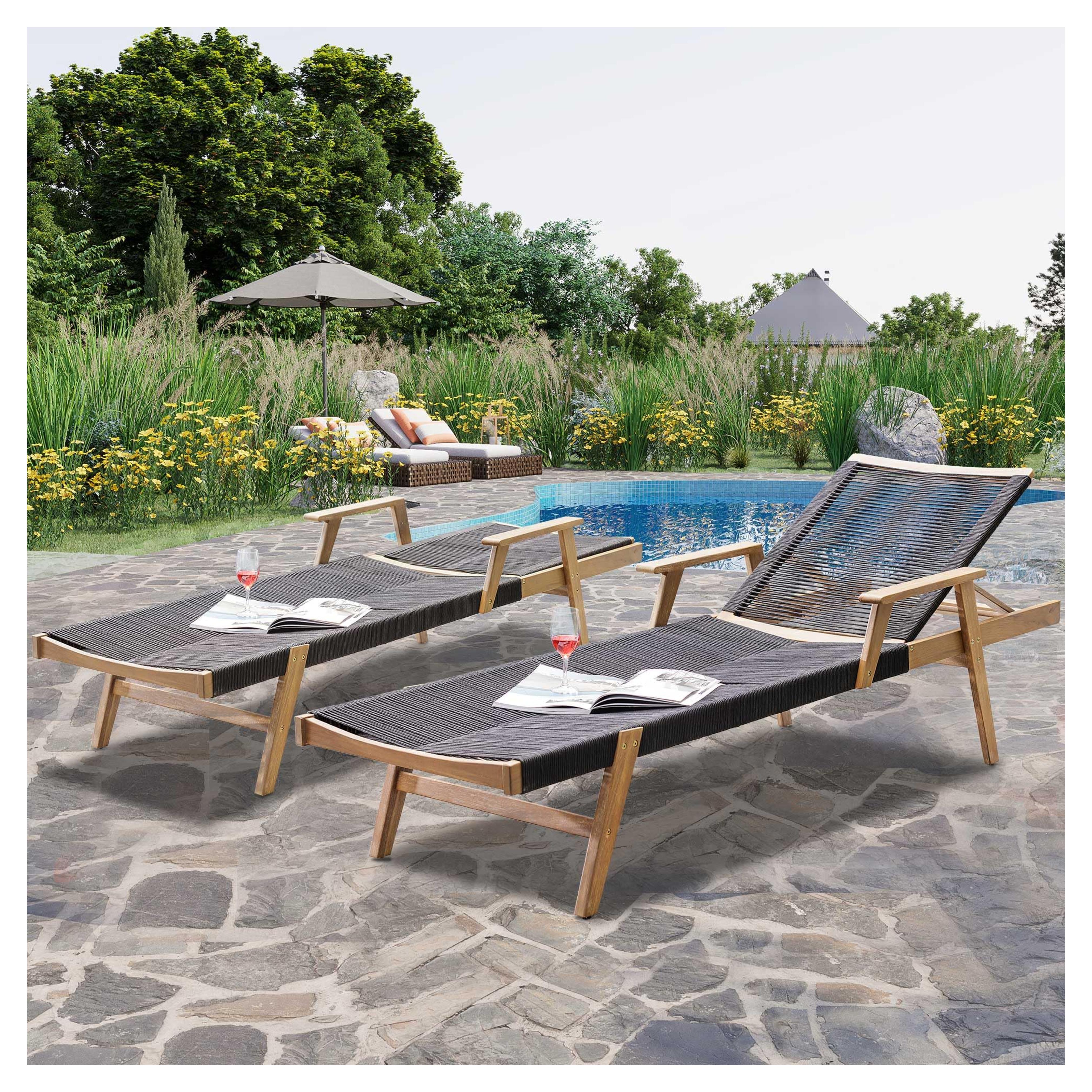 Amazon.com: NORDICANA All-Weather Chaise Lounge Chair Set of 2, Handwoven Black Rope, Outdoor Solid Acacia Wood Construction, Leisure Chair for Backyard, Balcony, Porch : Patio, Lawn & Garden