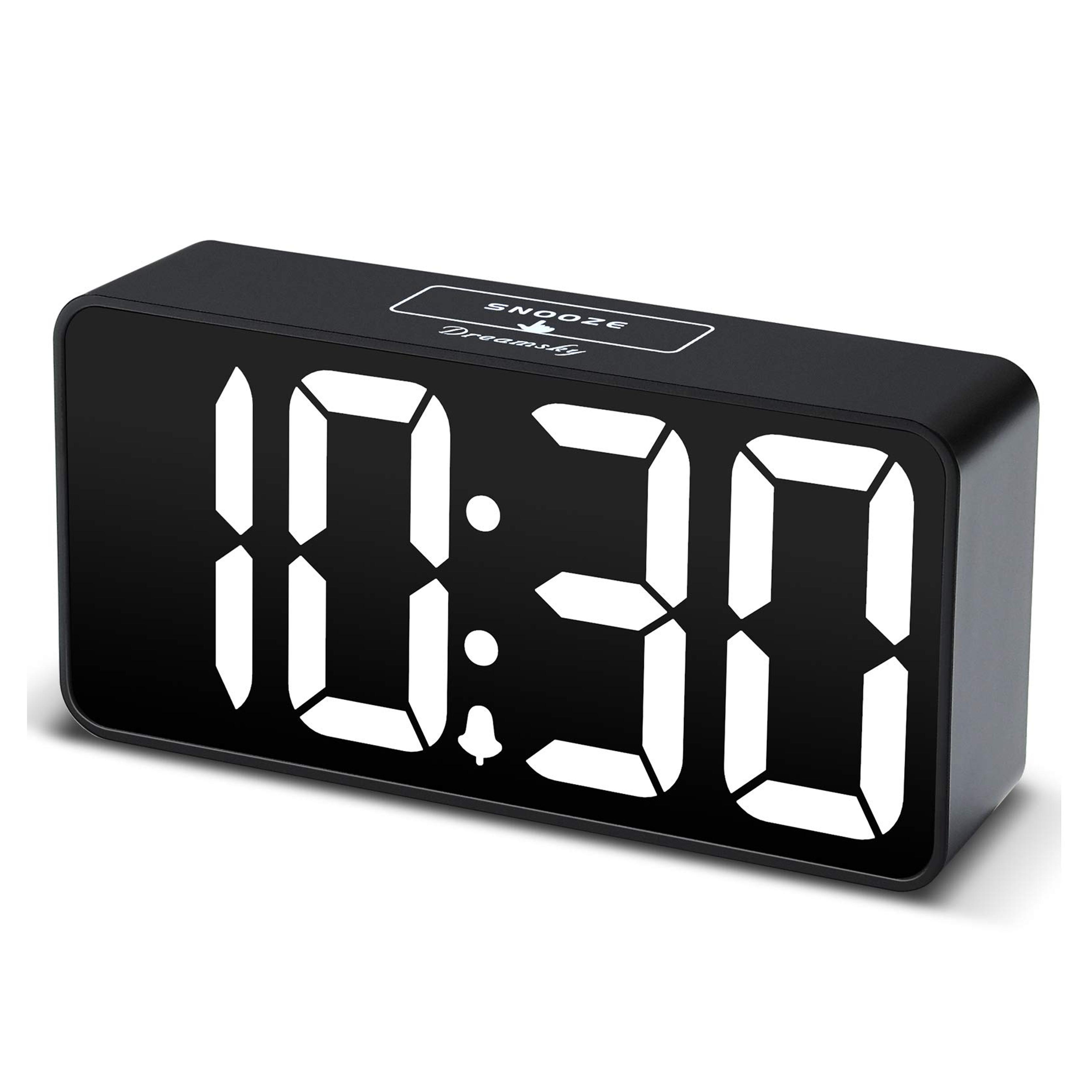 DreamSky Compact Digital Alarm Clock with USB Port for Charging, 0-100% Brightness Dimmer, White Bold Digit Display, 12/24Hr, Snooze, Adjustable Alarm Volume, Small Desk Bedroom Bedside Clocks.