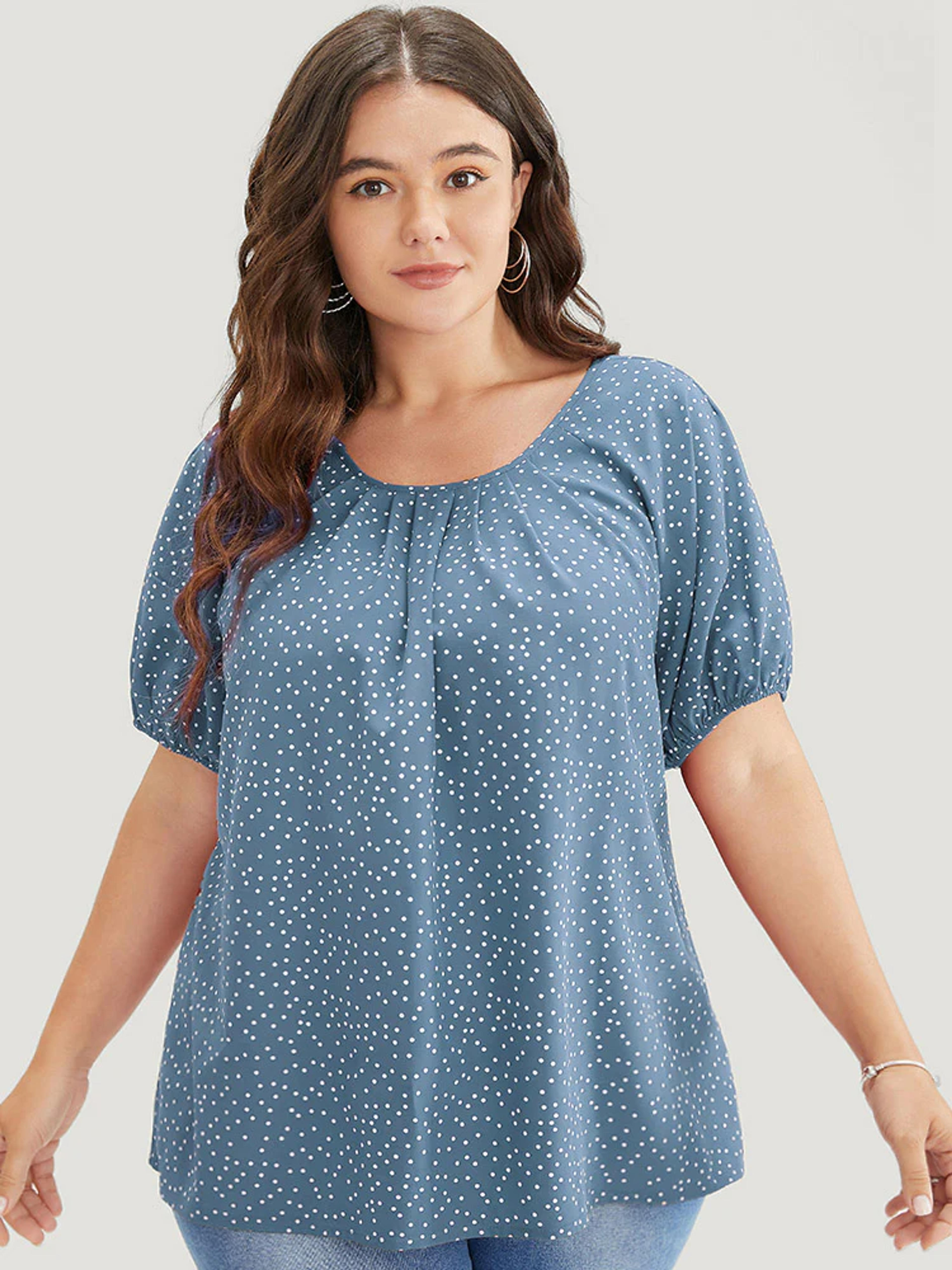 Polka Dot Pleated Round Neck Puff Sleeve Blouse - Stone / 14-16/1X