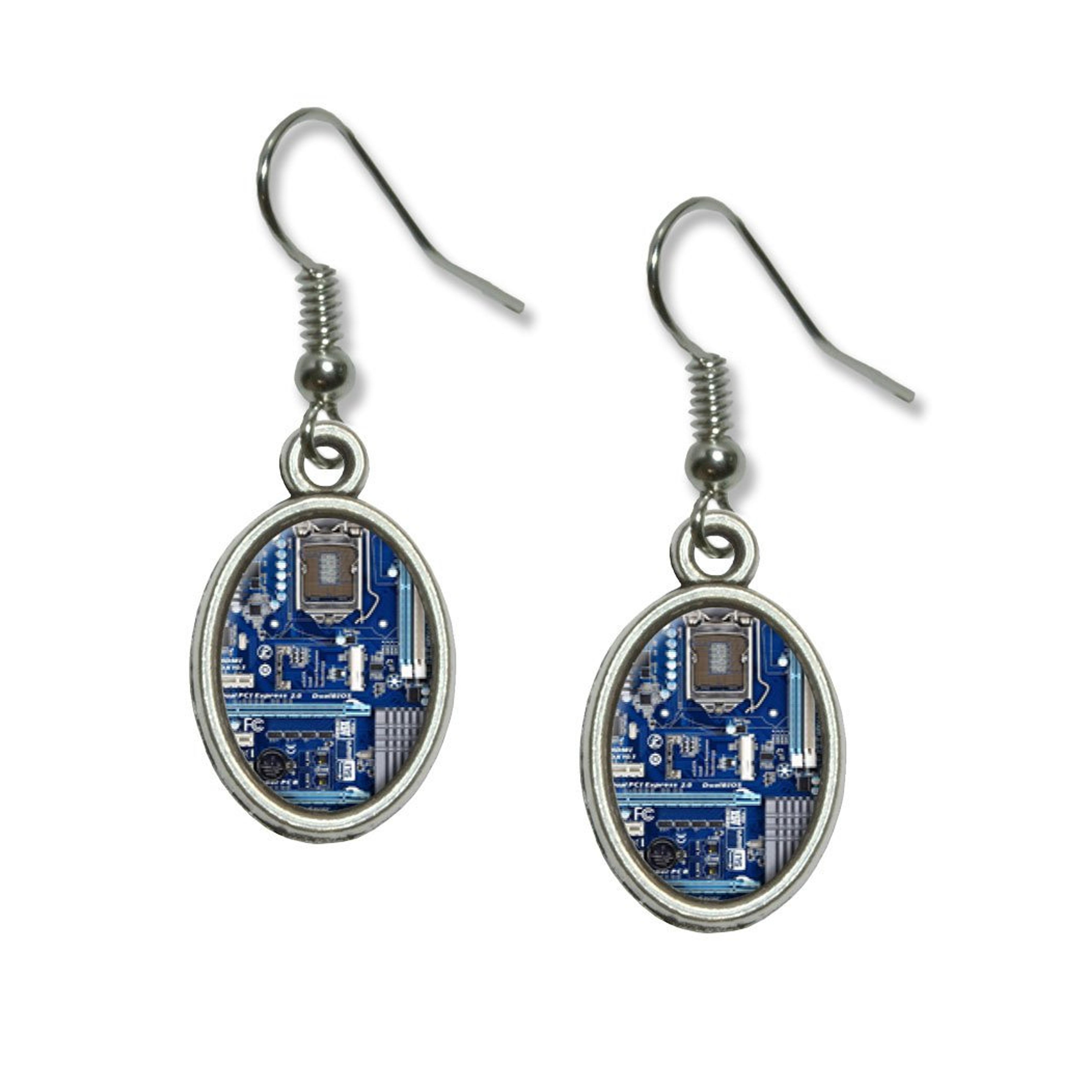 Blue Computer Motherboard - Processor CPU Memory Novelty Dangling Drop Oval Charm Earrings