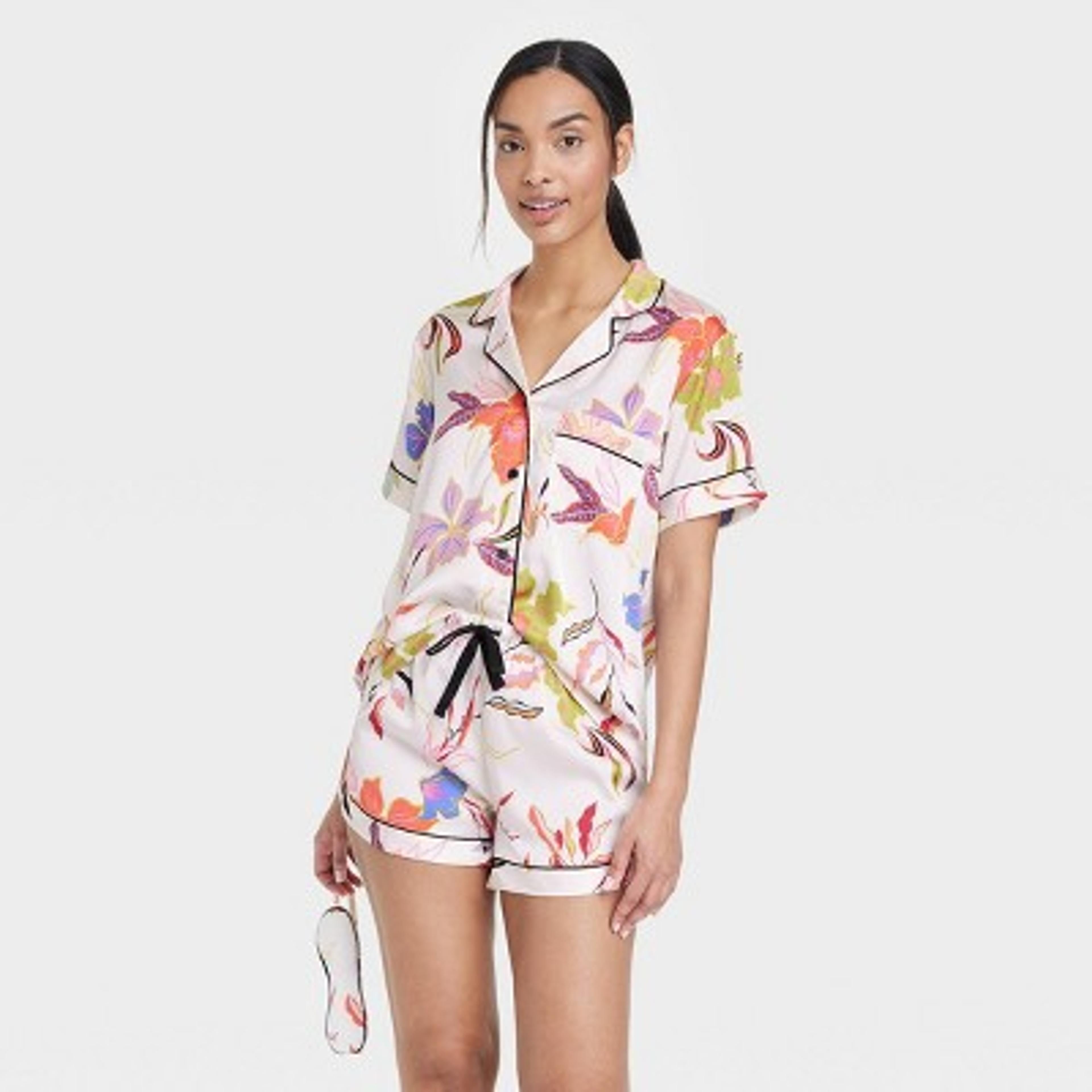 Women's 3pc Satin Notch Collar And Shorts Pajama Set - Stars Above™ Cream M : Target