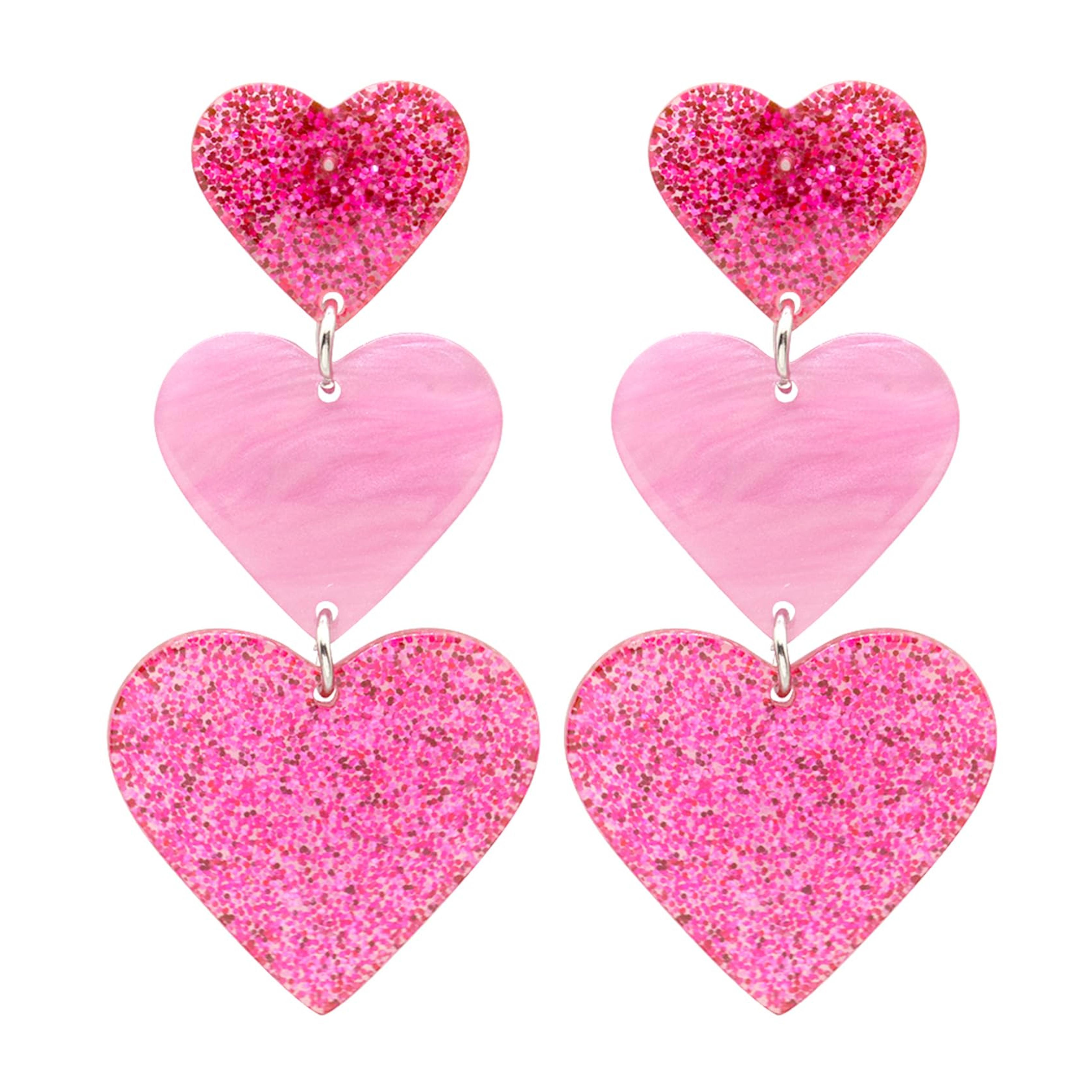 Pink Heart Earrings for Women,Double Heart Drop Earrings Y2K Lover Heart Dangle Earrings Summer Beach Acrylic Candy-colored Earrings Valentine's Day Jewelry Gift