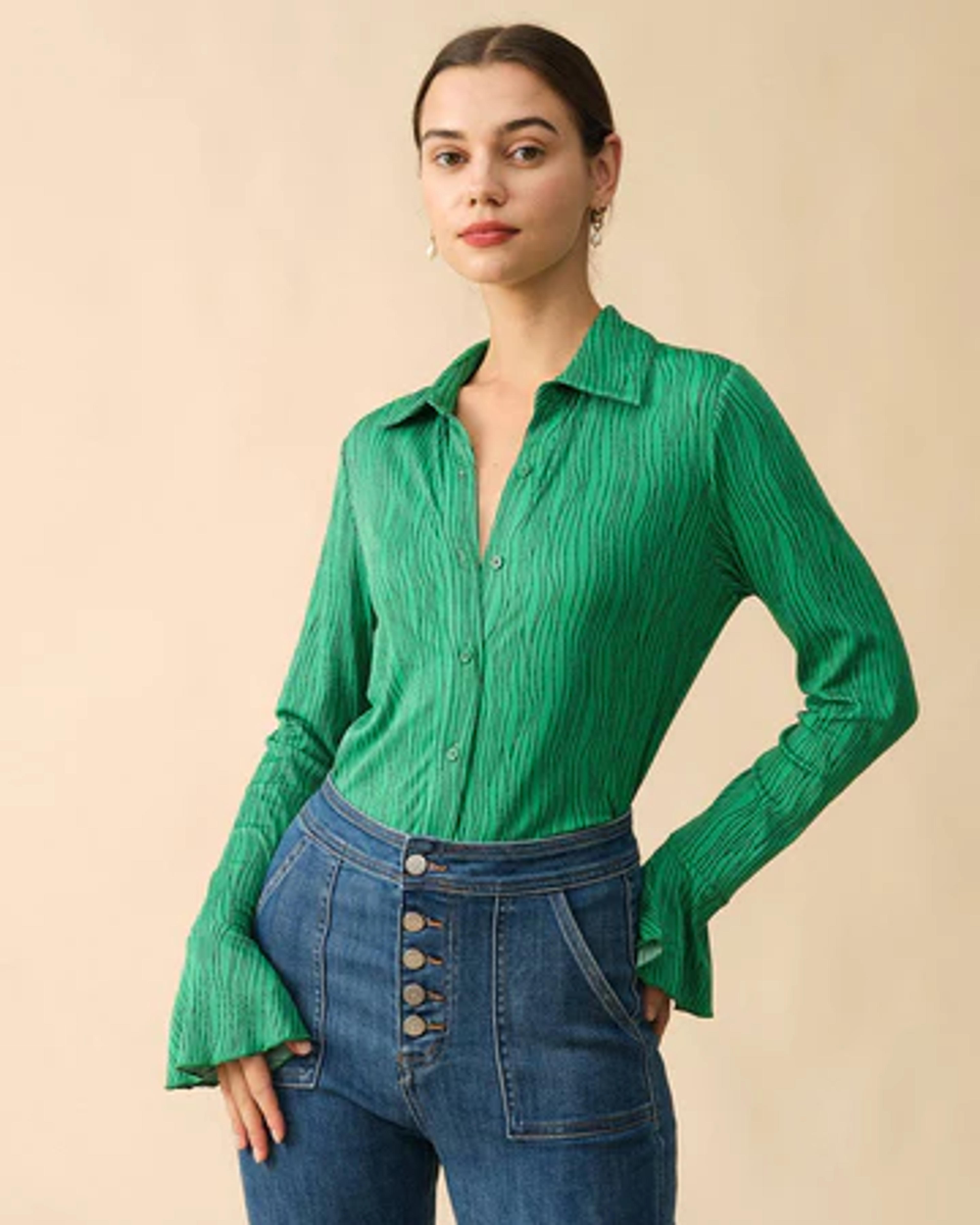 The Long Sleeve Line Print Shirt & Reviews - Green - Tops | RIHOAS