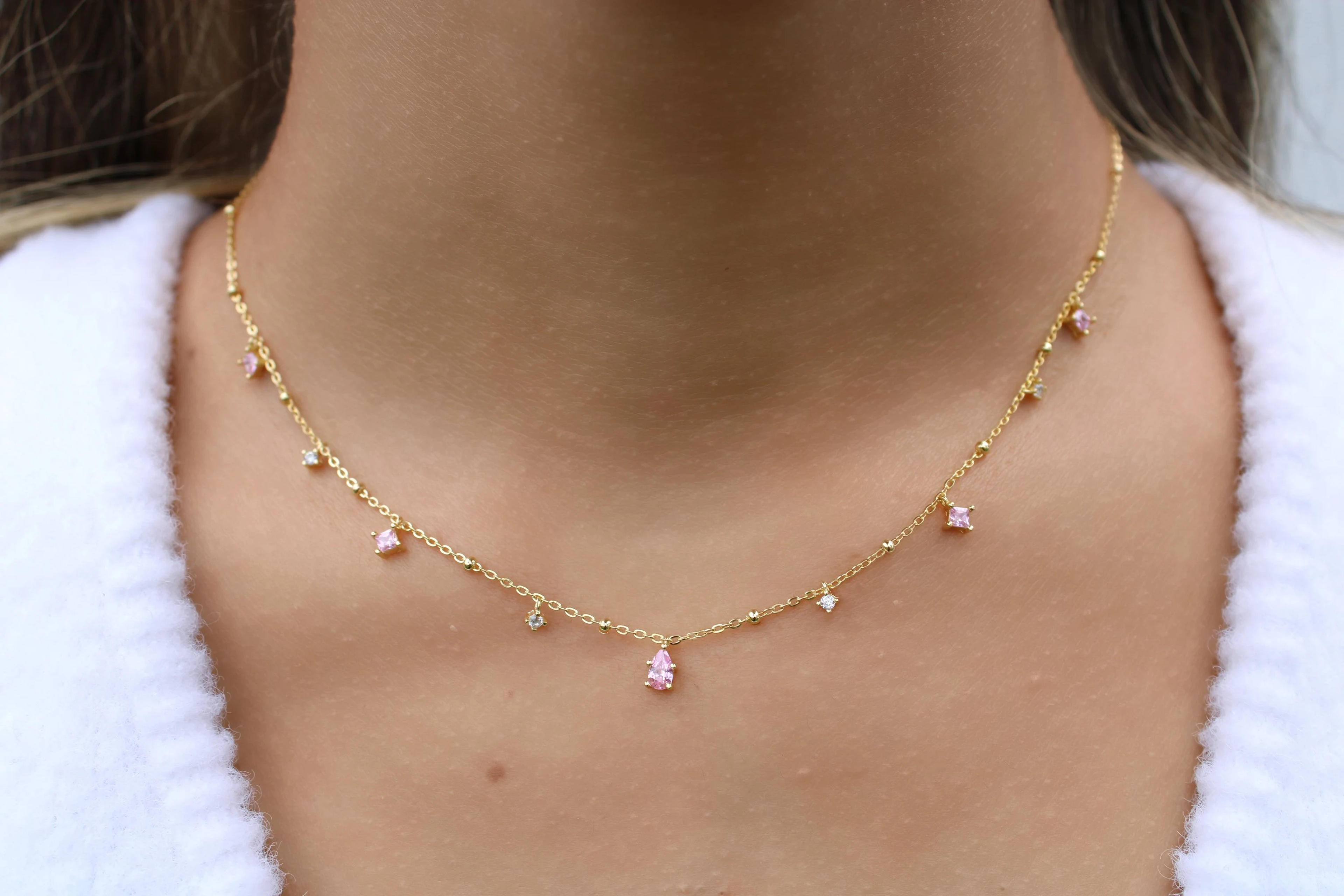 Dainty Pink Tear Drop Trendy Necklace Minimalist October