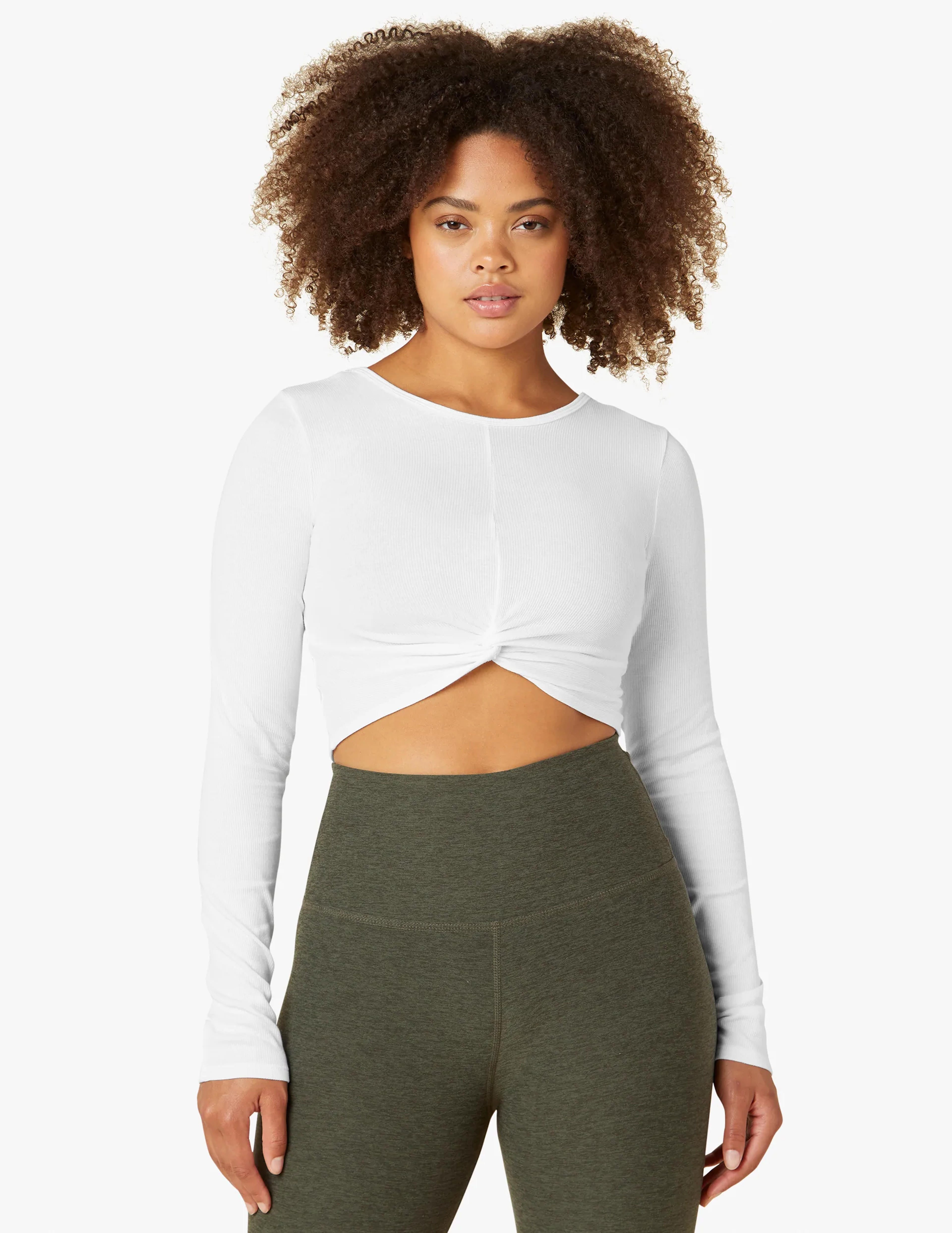 Front Twist Long Sleeve Cropped Pullover - White / M