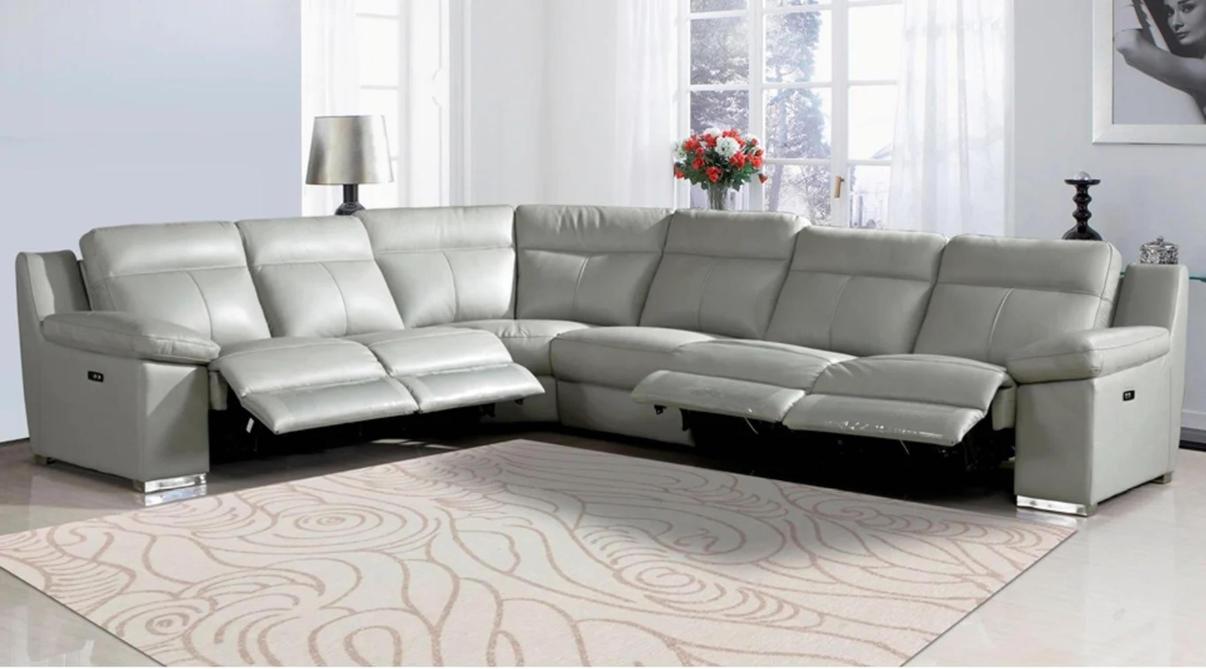 Buy Global United UR9583 LIGHT GREY Reclining Sectional in Light Gray, Top grain leather online