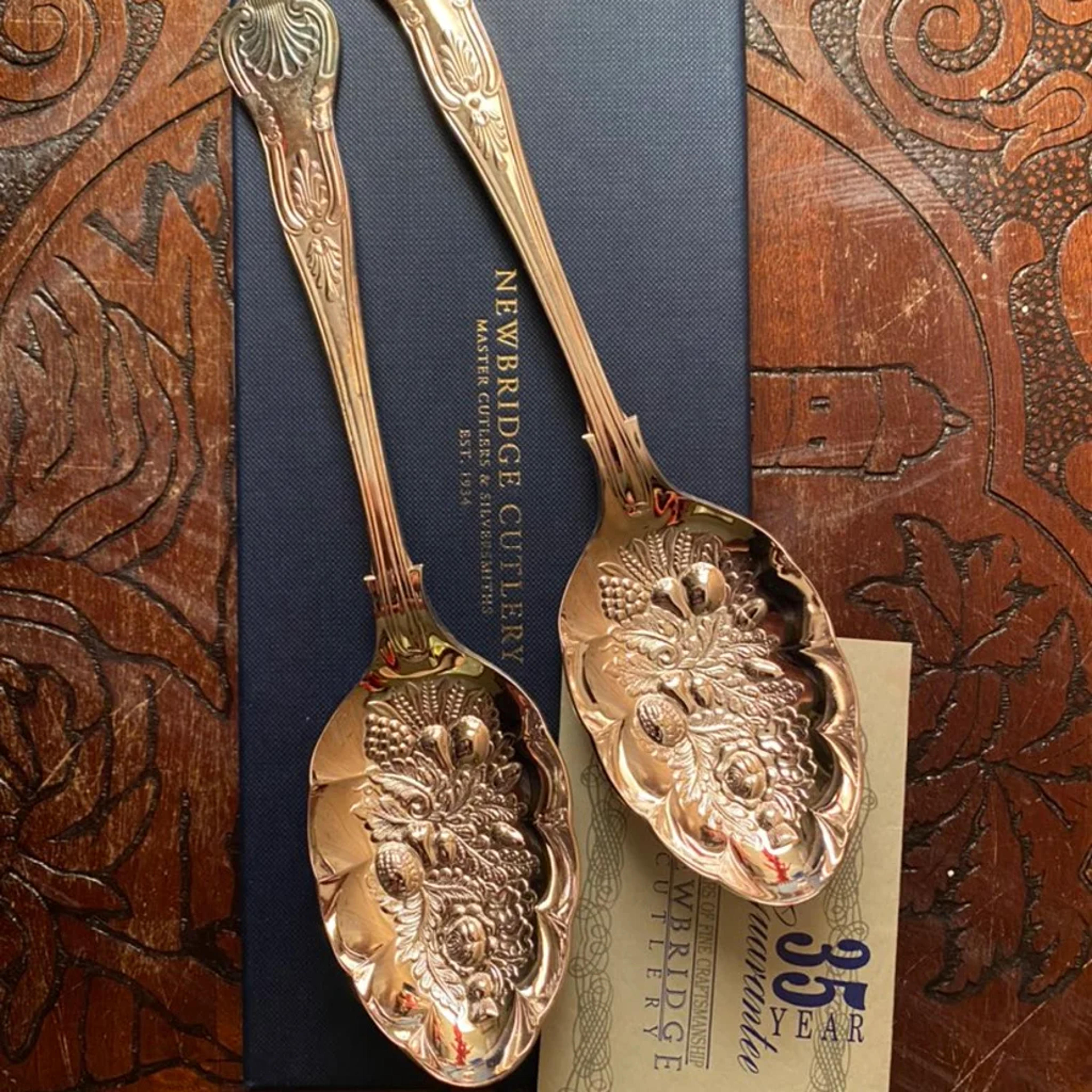 Newbridge Pair Embossed Fruit SilverPlate Serving Spoons~9" In Original Box | Mercari