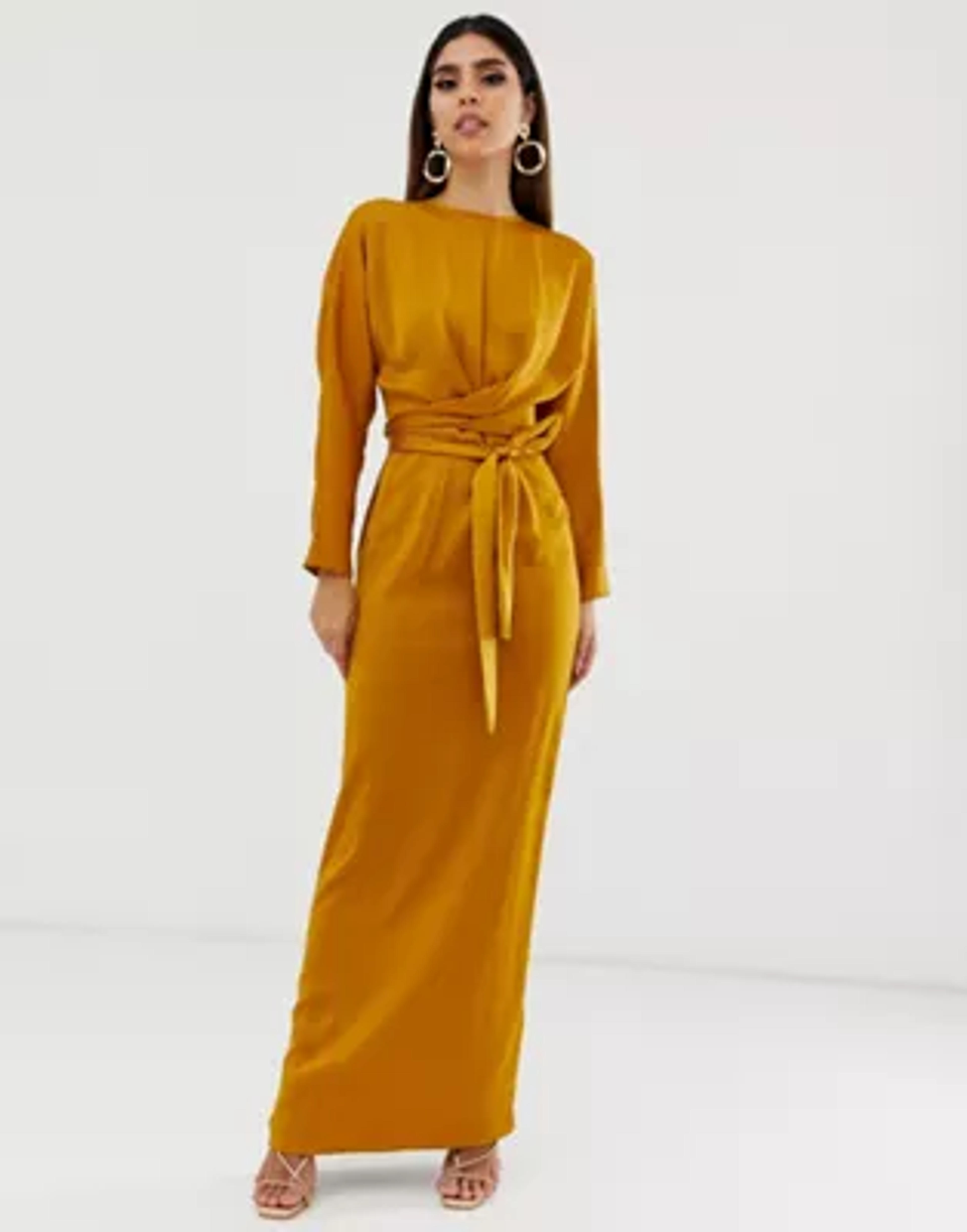 ASOS DESIGN satin maxi dress with batwing sleeve and wrap waist in mustard | ASOS