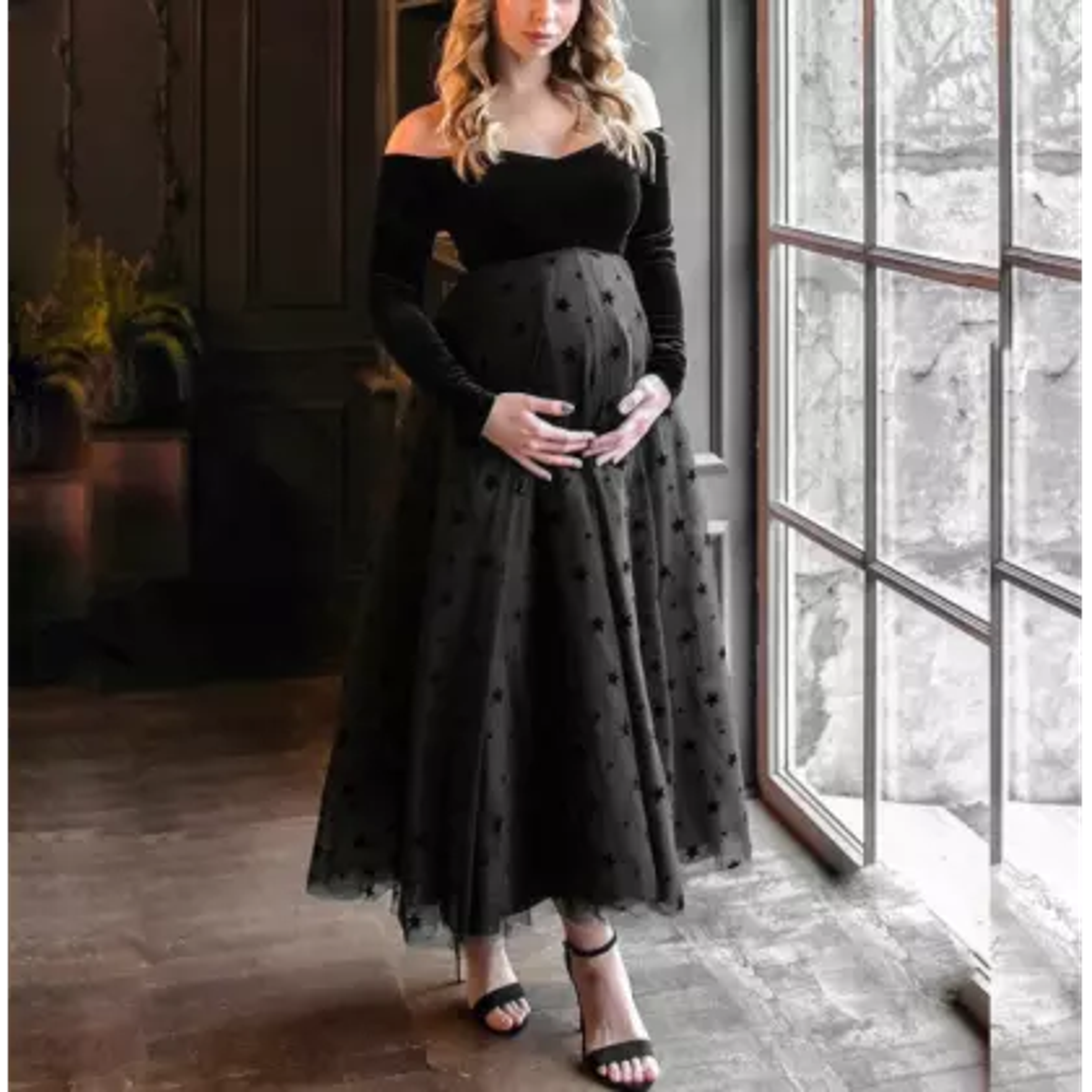 Maternity Velvet Flocking V-neck Photoshoot Dress - Lukalula.com