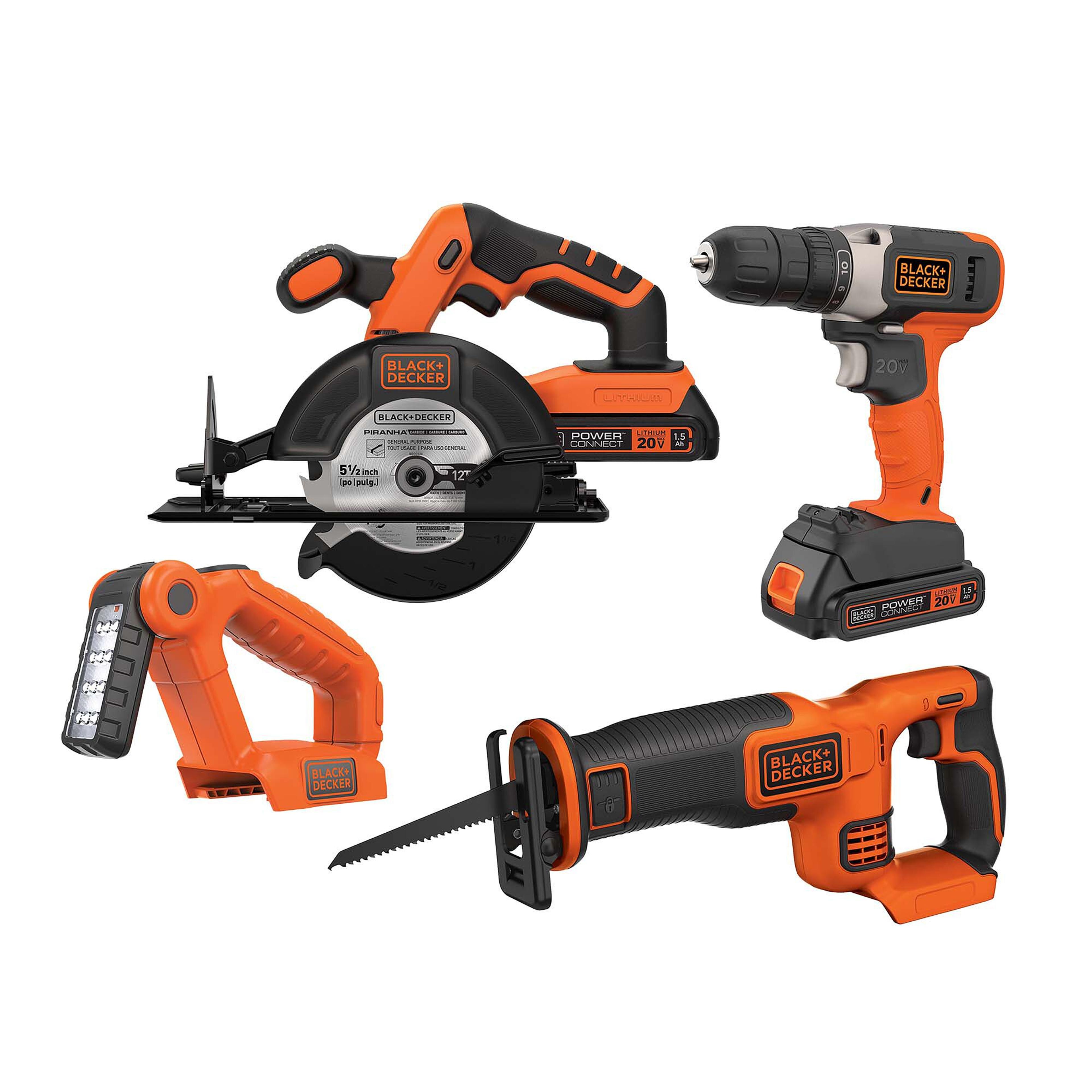 Black & Decker 20 Volt 4-Tool Kit with Drill, Circular Saw, Reciprocating Saw, and Work Light, BD4KITCD7CSRSL - Walmart.com