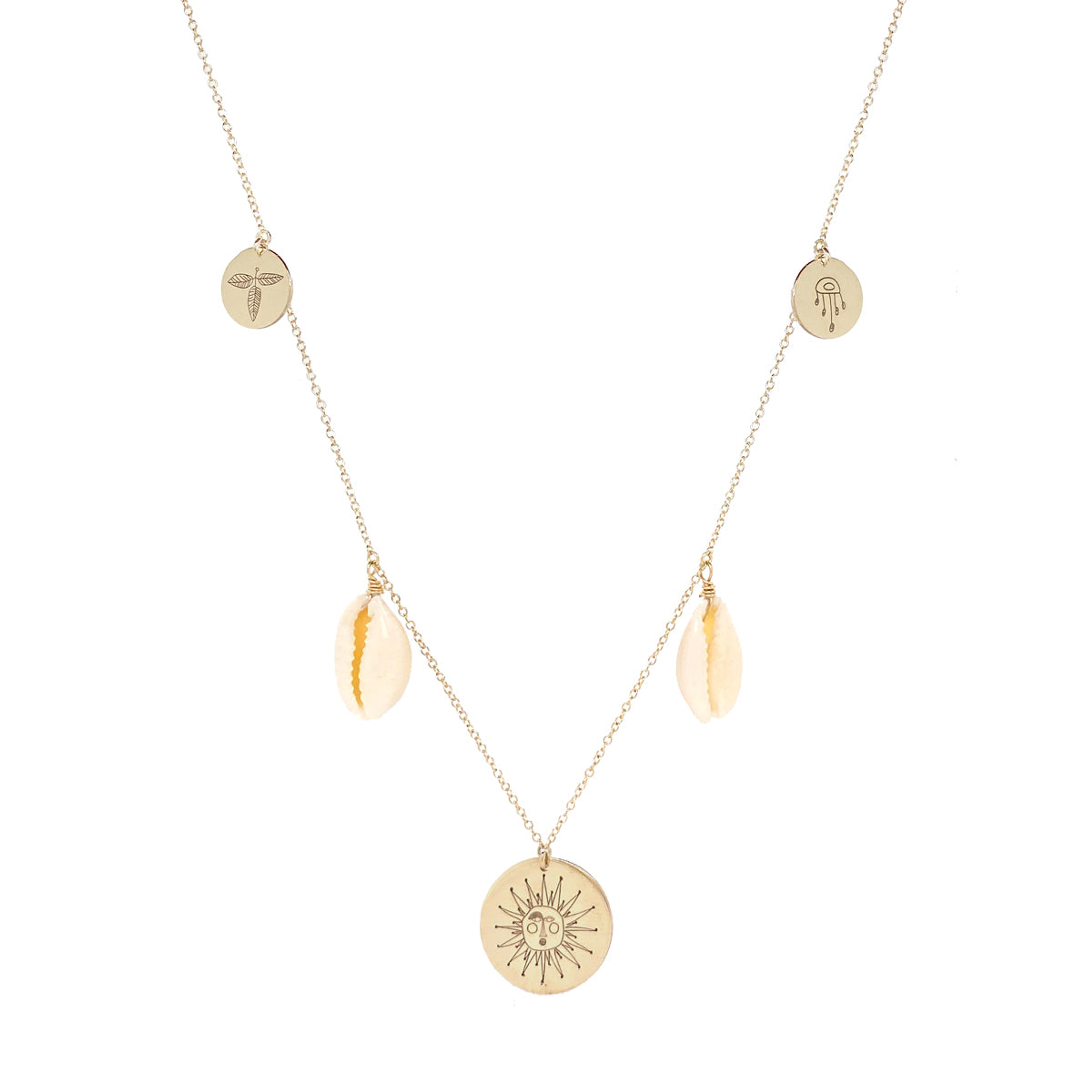 20x20 | Zoe Chicco | Justina Blakeney | Three Disc & Cowrie Necklace - 14k yellow gold / 18-19-20"