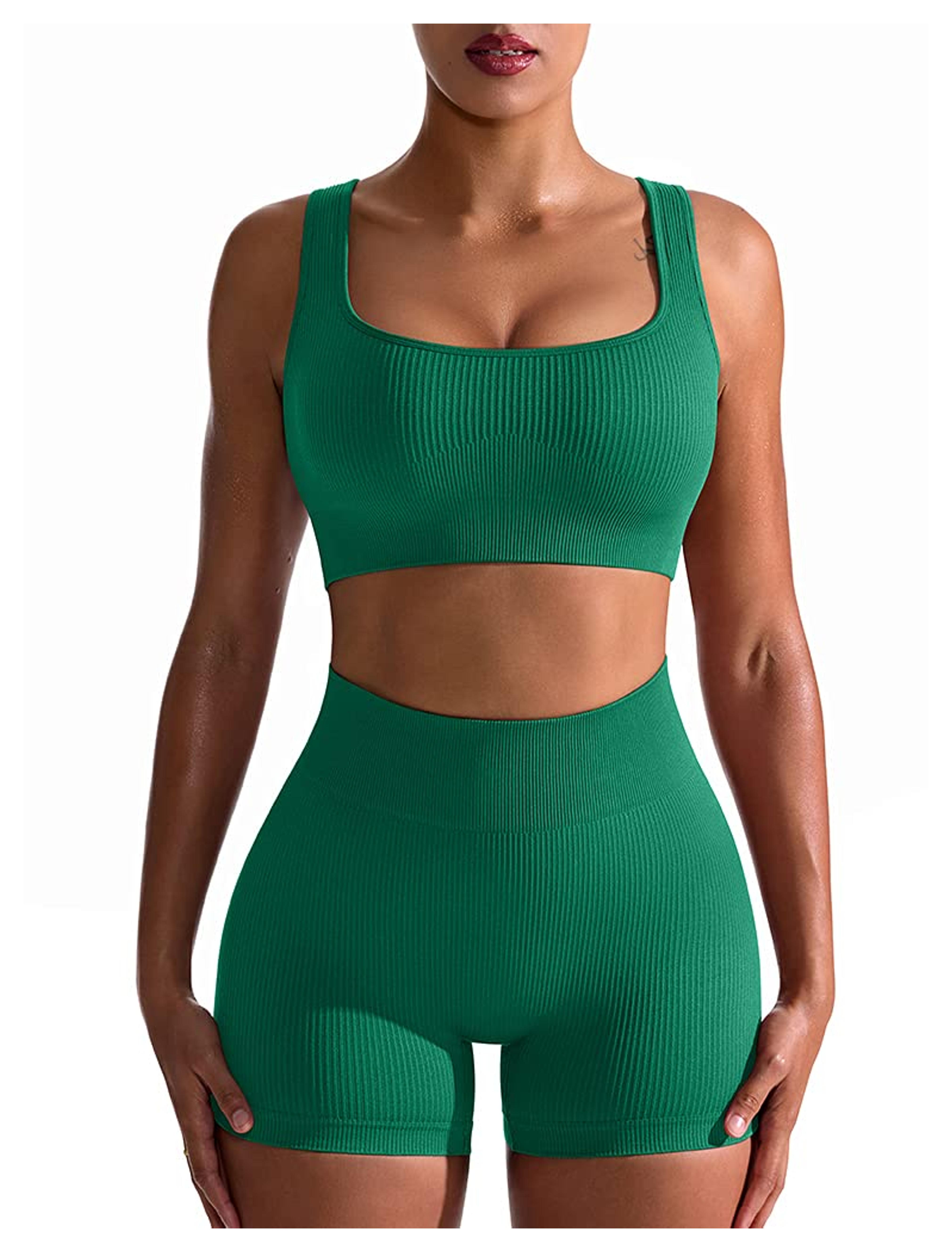 OQQ Workout Outfits for Women 2 Piece Seamless Ribbed High Waist Leggings with Sports Bra Exercise Set Green