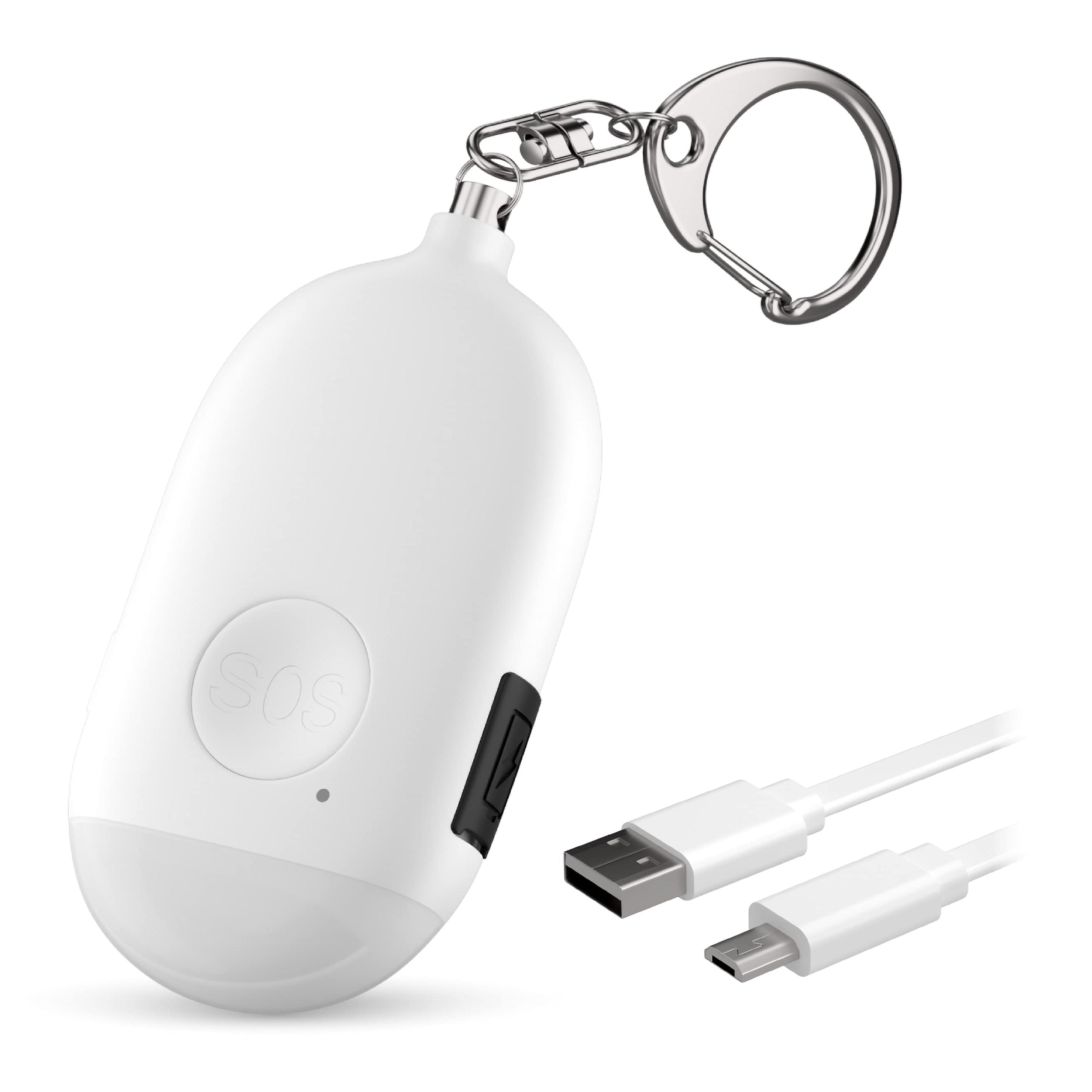 Personal Alarm Keychain for Women Self Defense - USB Rechargeable 130 dB Loud Safety Siren Whistle with LED Light – Panic Button or Pull Pin Alert Device Key Chain by WETEN (White)