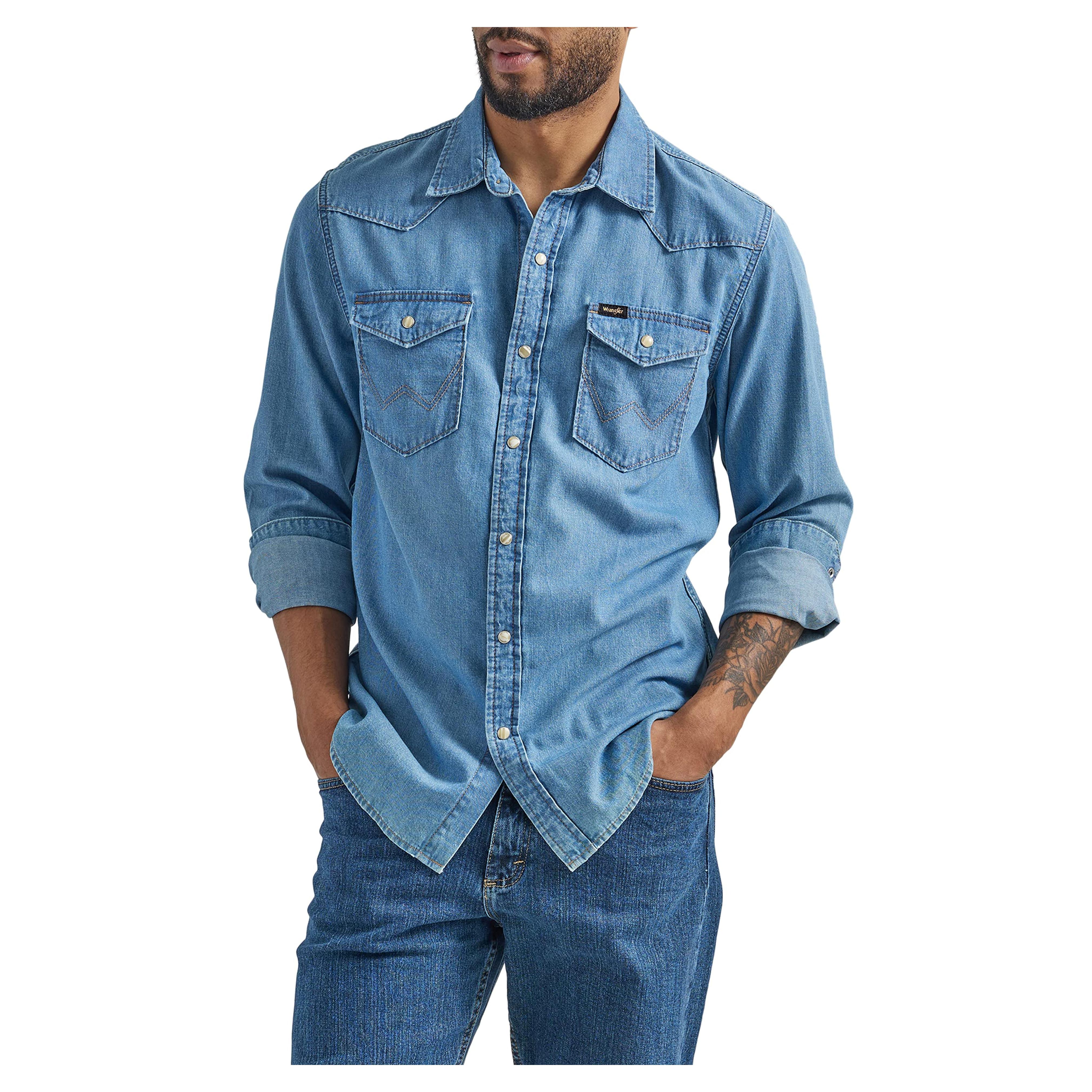 Amazon.com: Wrangler Men's Iconic Denim Regular Fit Snap Shirt, Lake Wash, Medium : Clothing, Shoes & Jewelry