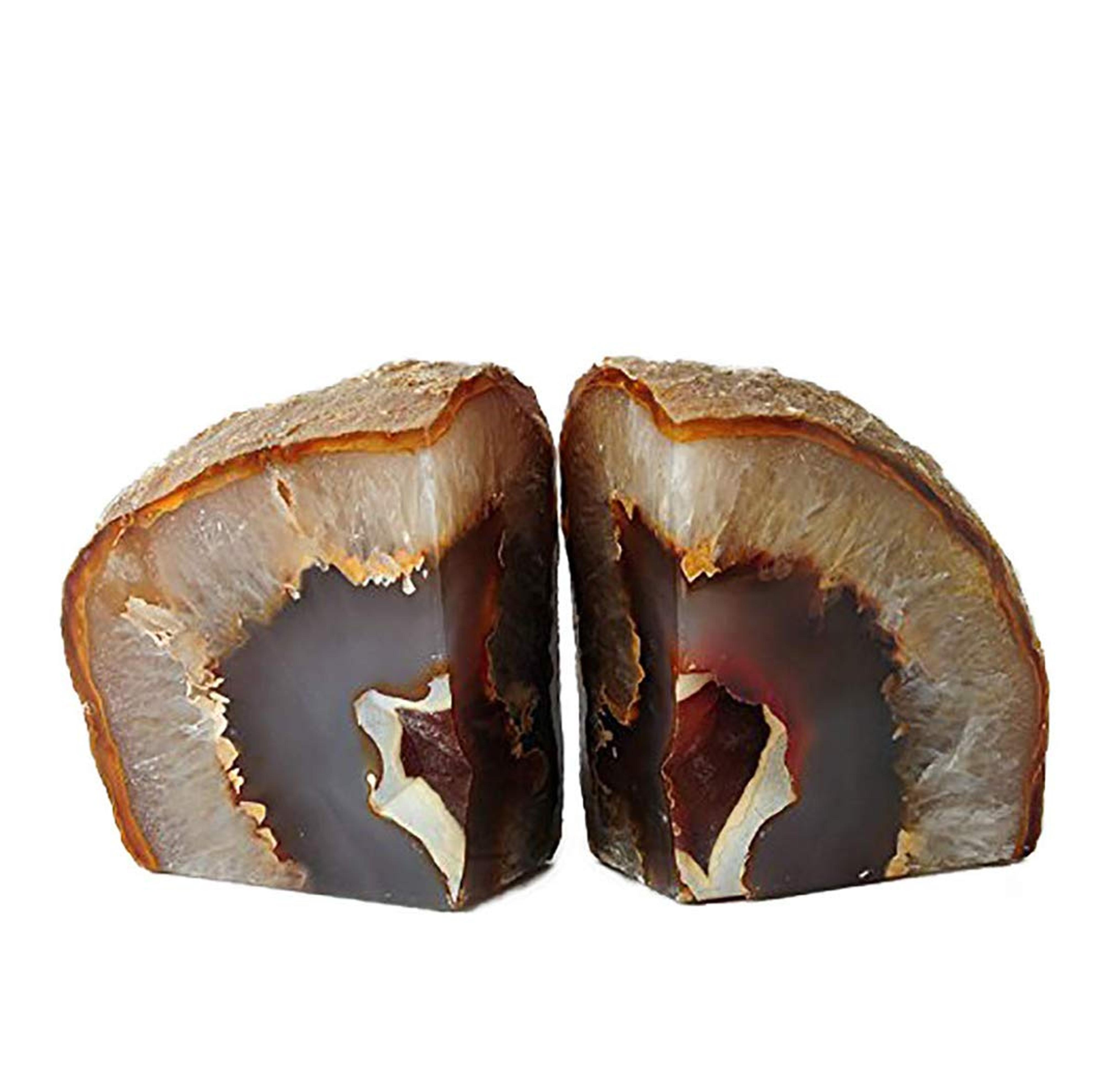 AMOYSTONE Agate Bookends for Shelf Decorative Geode Book Ends for Heavy Books Crystal Bookends for Shelves Nature Brown Small(1 Pair, 2-3 LBS)