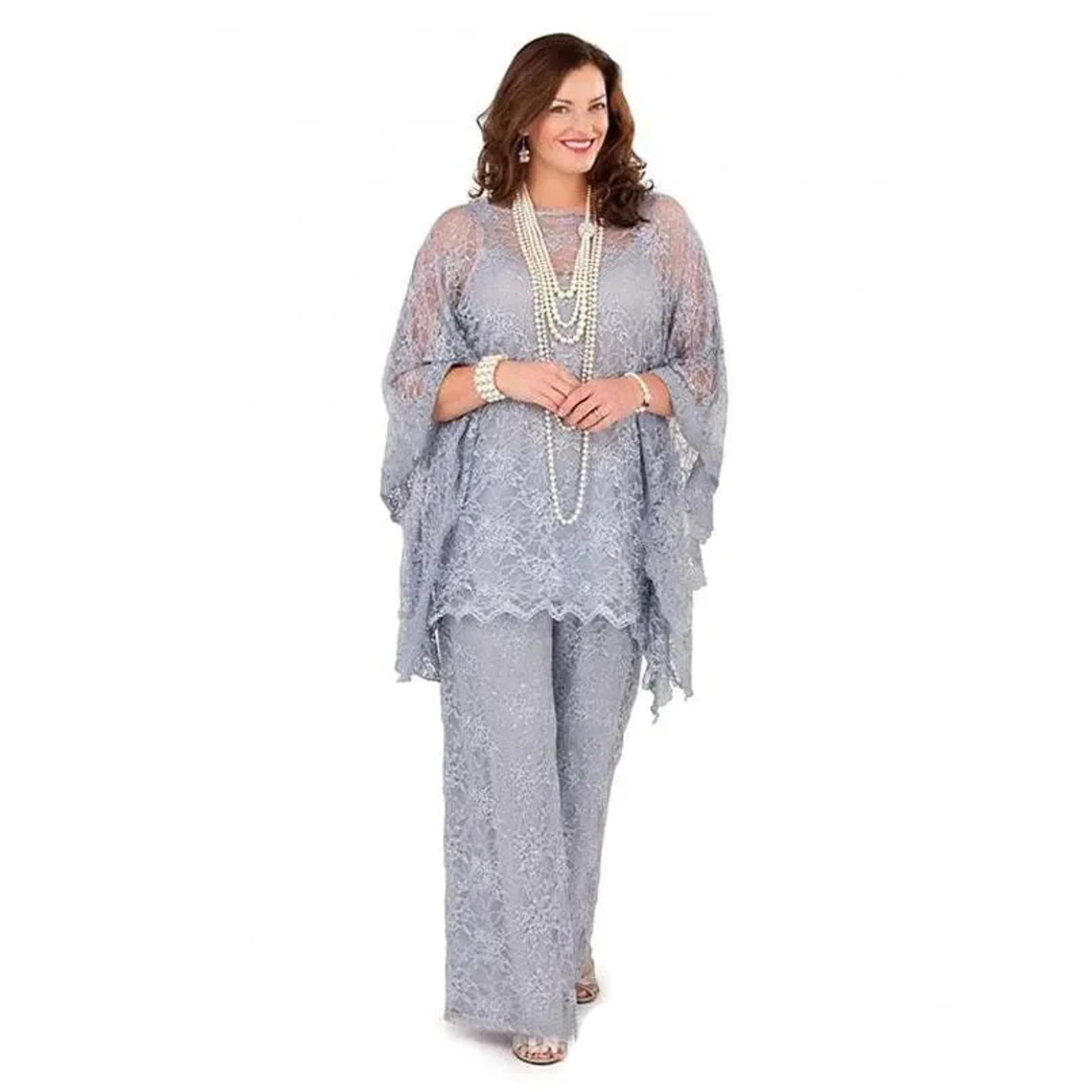 Grey Lace Mother of The Bride Pantsuit for Wedding Jeweled Neck 3PCS L – promboutiqueonline