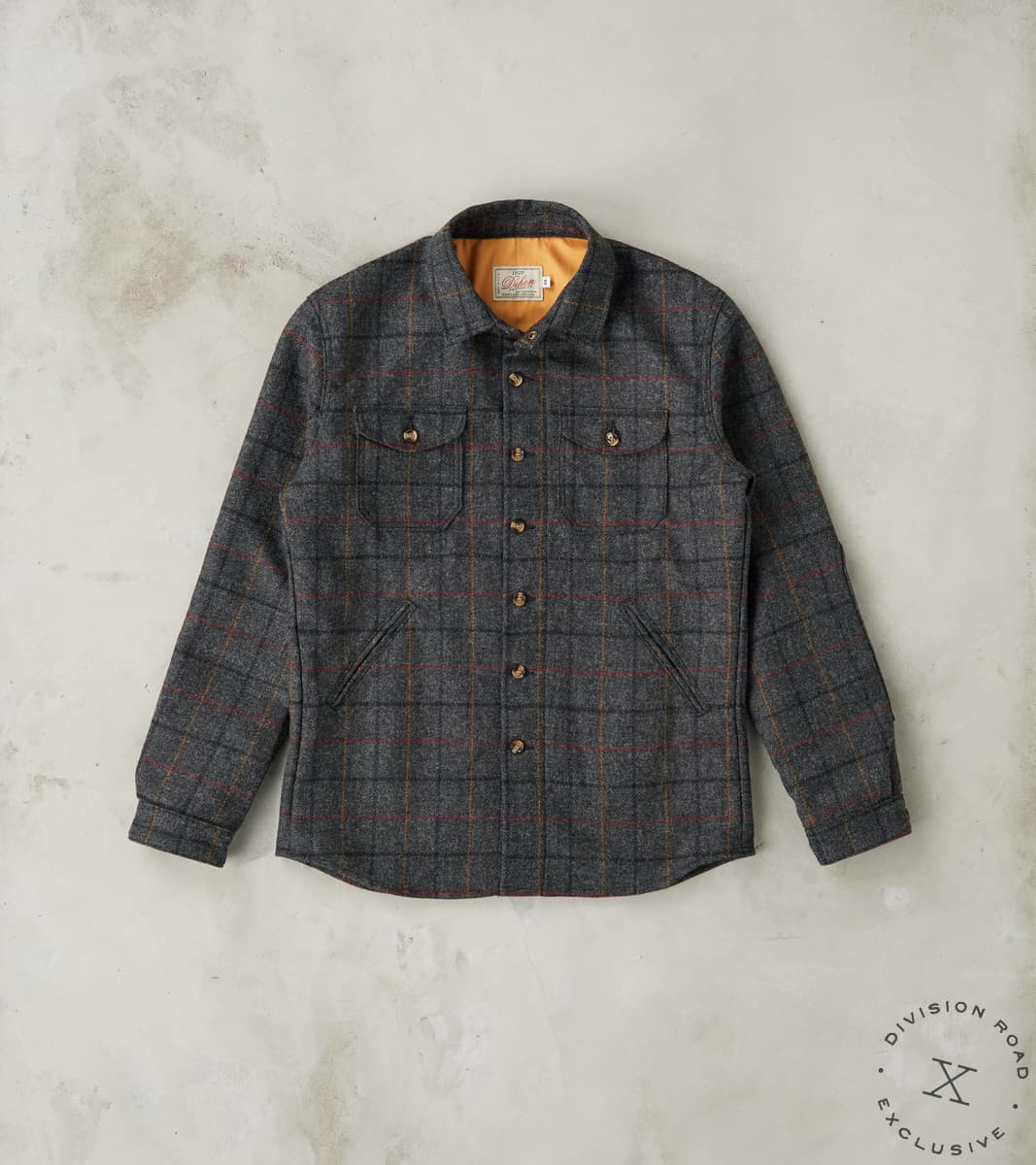 Dehen 1920 x DR Crissman Overshirt - Abraham Moon® Shetland Estate Tweed - Charcoal Plaid – Division Road, Inc.