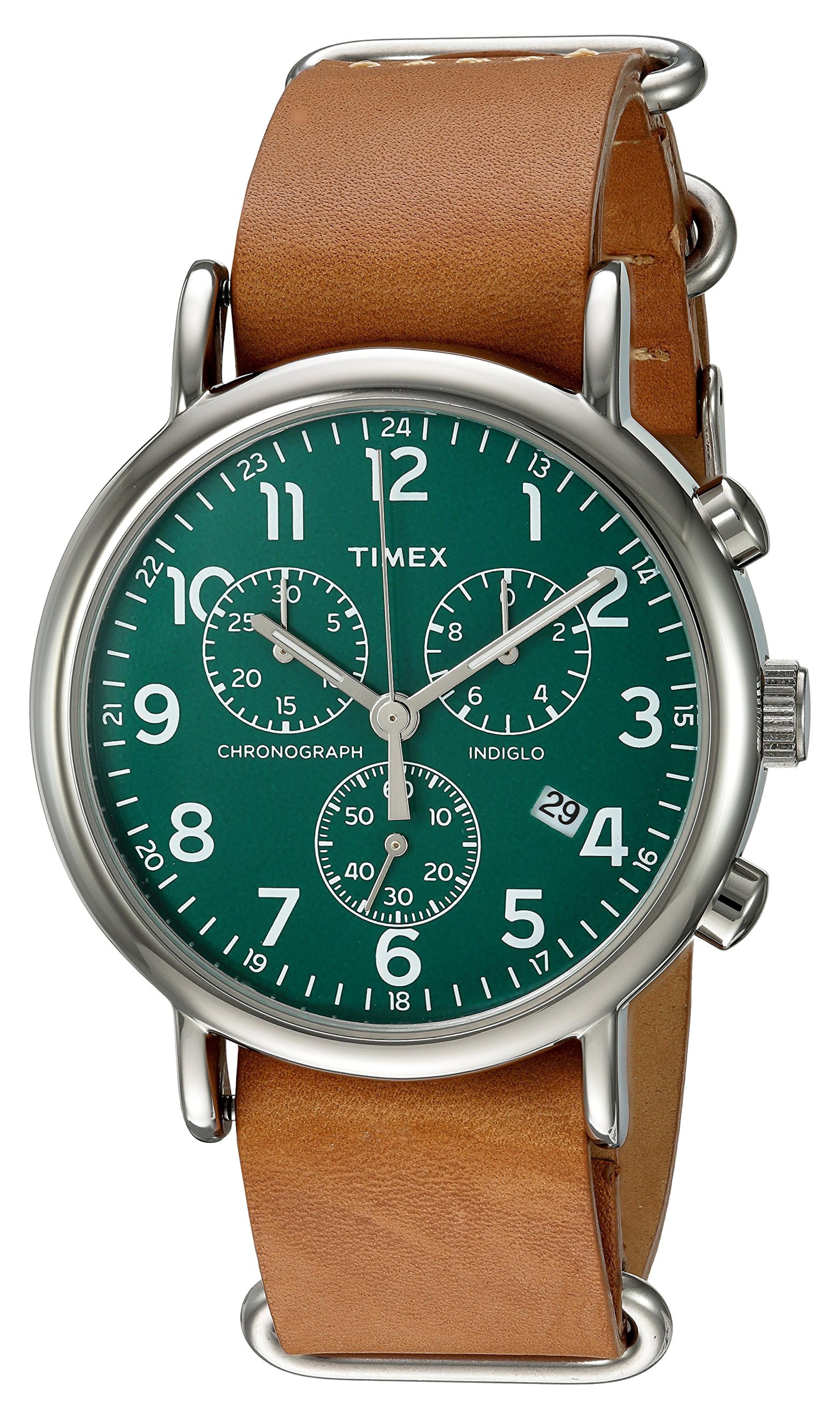 Timex Unisex TWC066500 Weekender Chrono Green/Tan Double-Layered Leather Slip-Thru Strap Watch