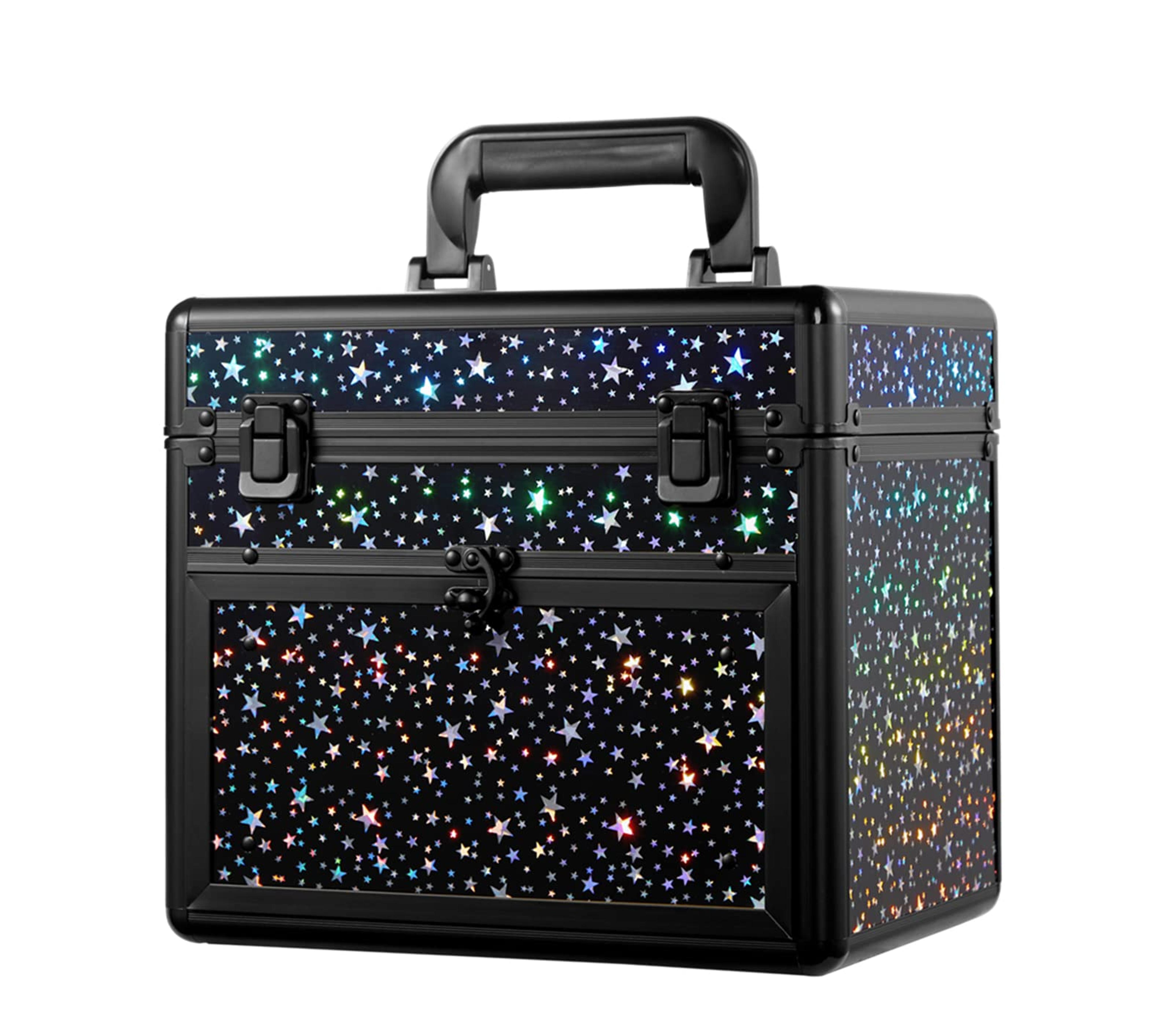 Train Case Nail Polish Case With Drawer and Dividers Makeup Travel Case Portable Cosmetic Organizer (black with shiny star)