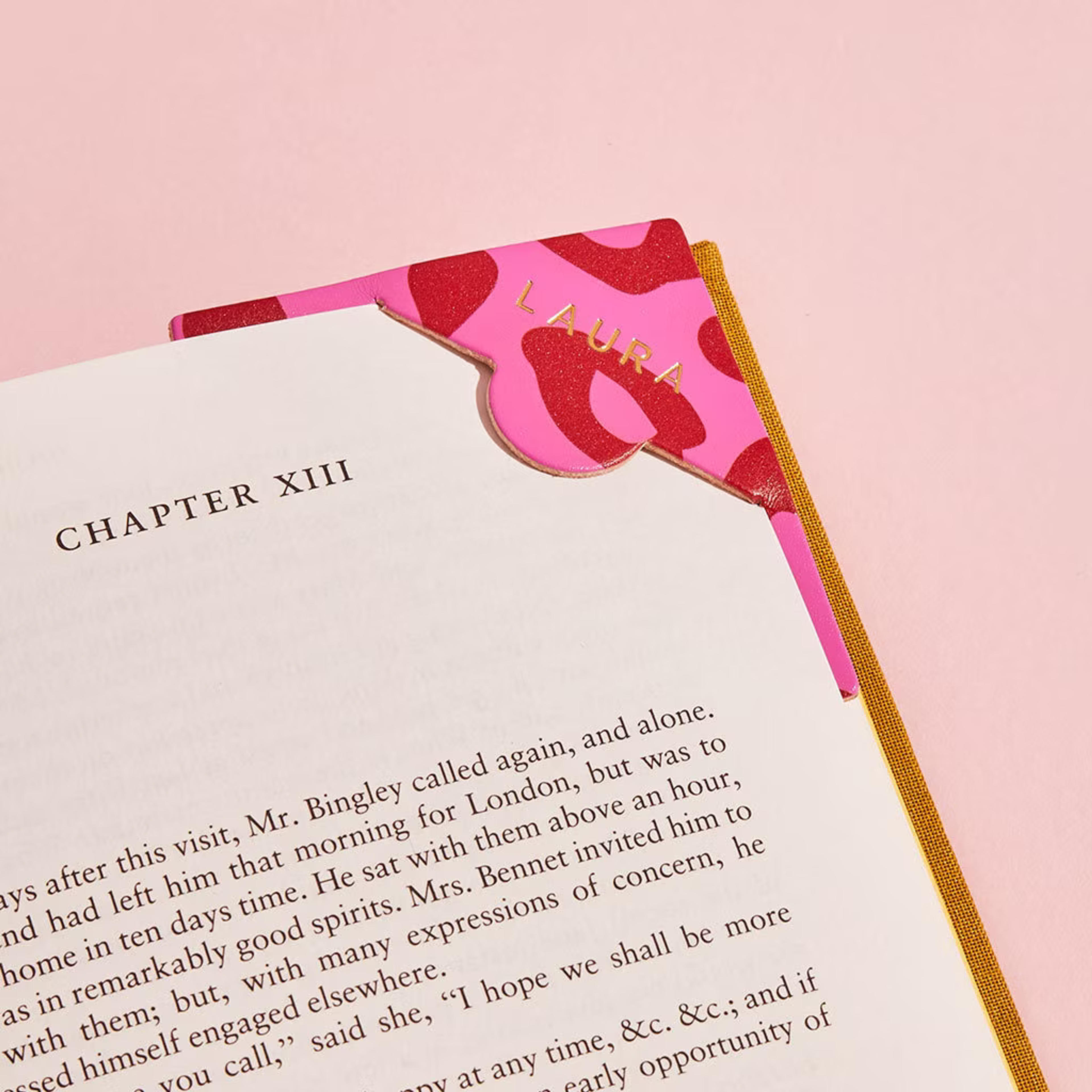 Personalised Leather Bookmark - Fuchsia Pink + Red Leopard Print / Cute Valentine&#39;s Day Gift for Book Lovers / Bookish Reading Present