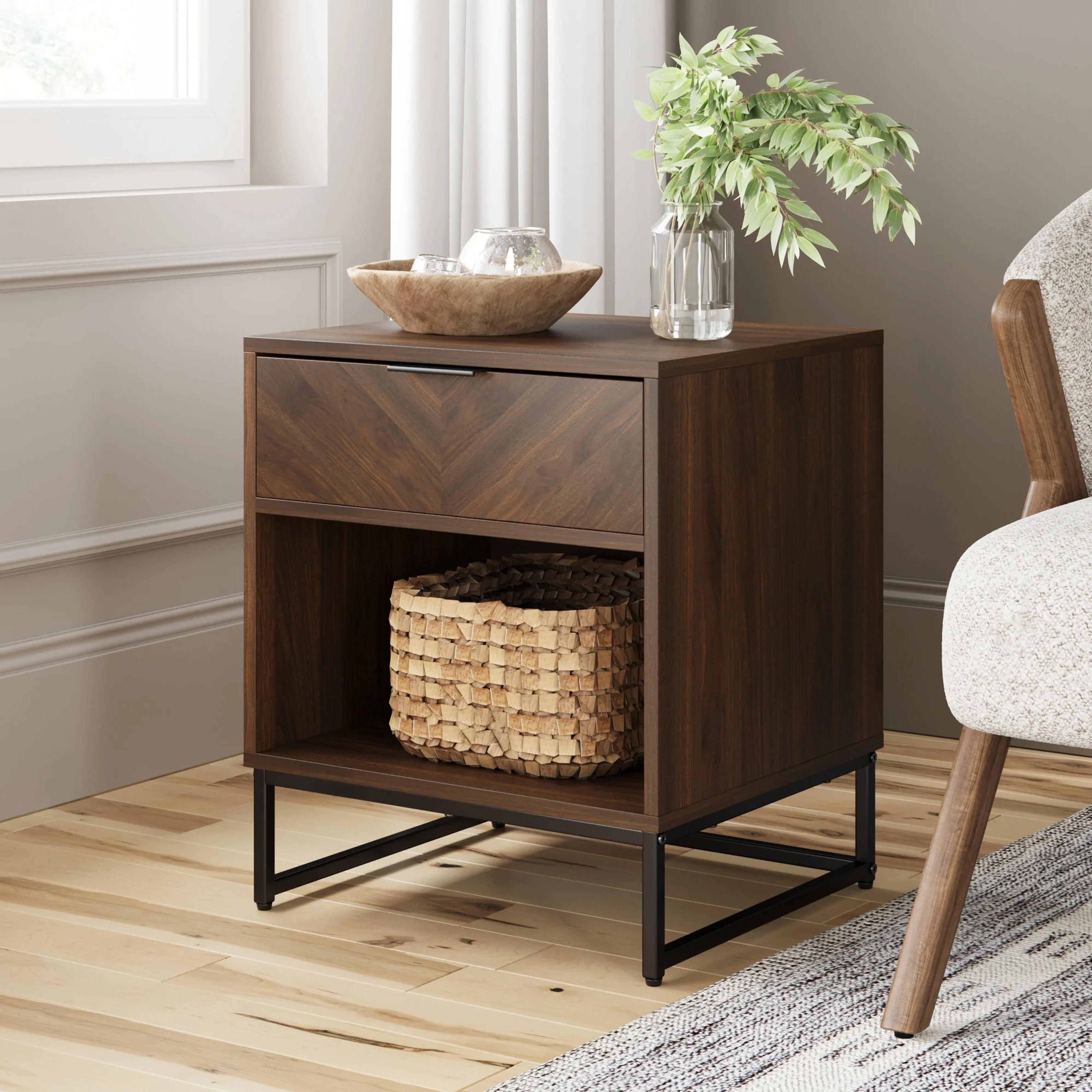 Kensi Bedside Table | Open Cubby | Herringbone Wood Finish - Warm Walnut-Matte Black