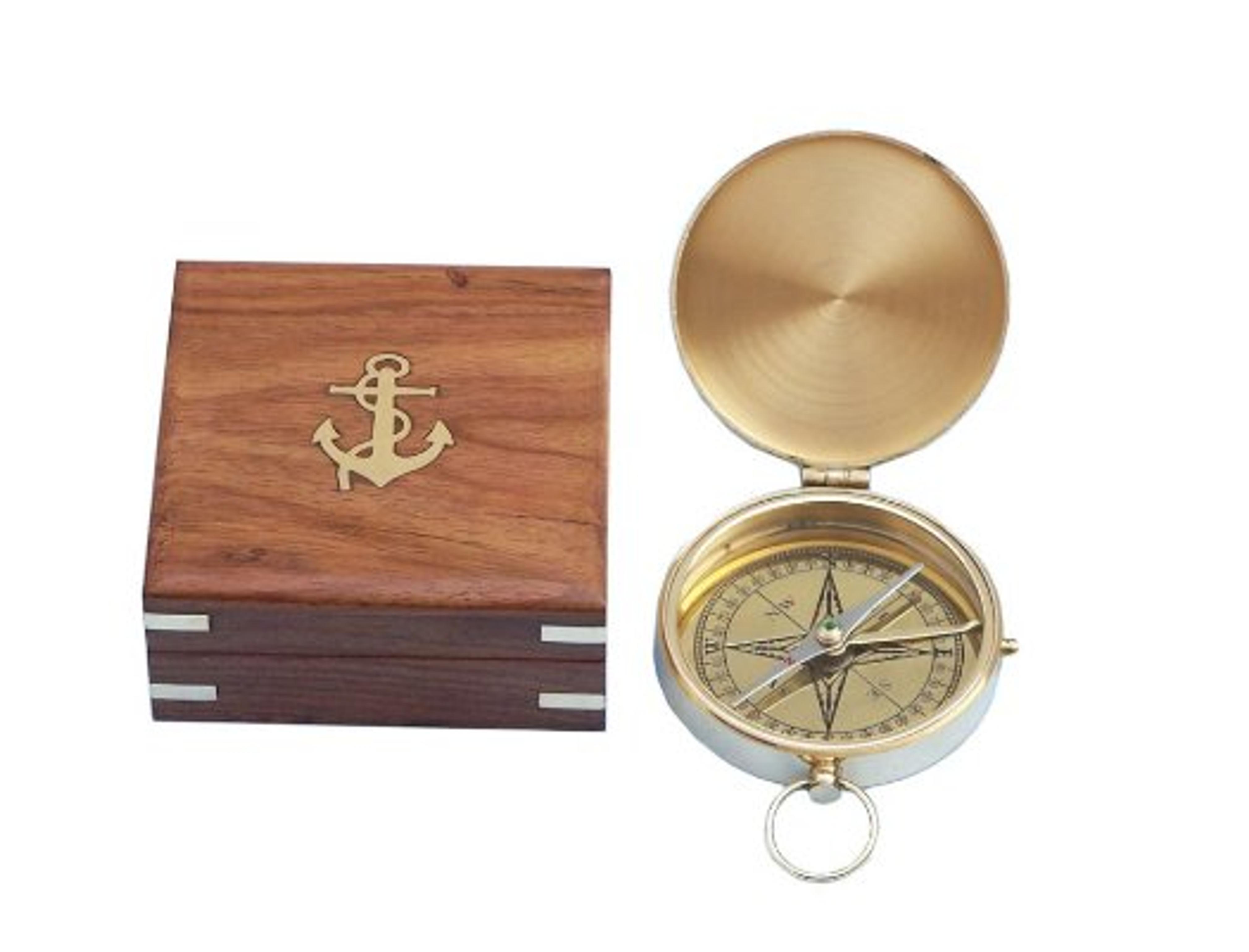 Handcrafted Nautical Decor Solid Brass Gentlemen's Compass with Rosewood Box, 4", Brass