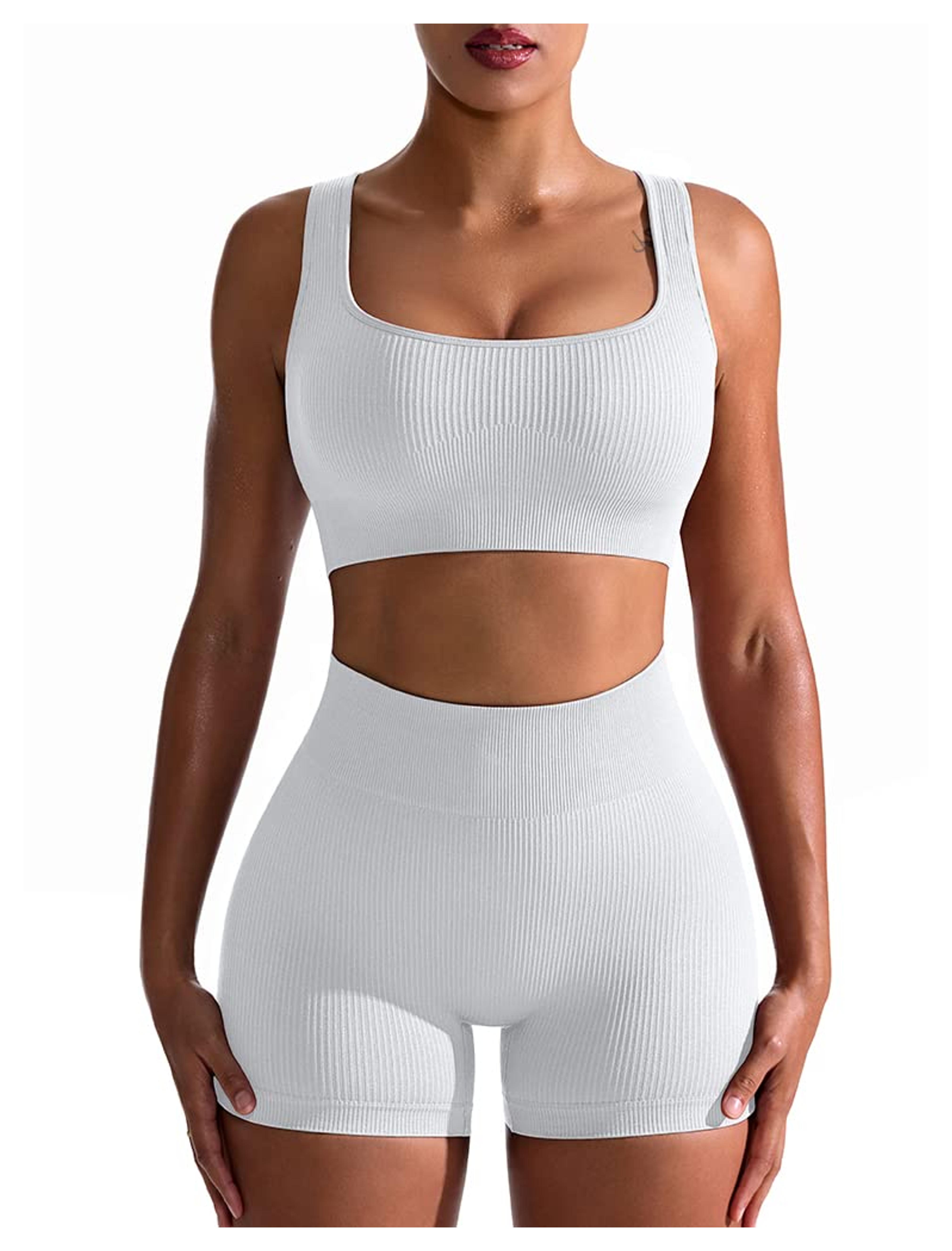 OQQ Workout Outfits for Women 2 Piece Seamless Ribbed High Waist Leggings with Sports Bra Exercise Set White