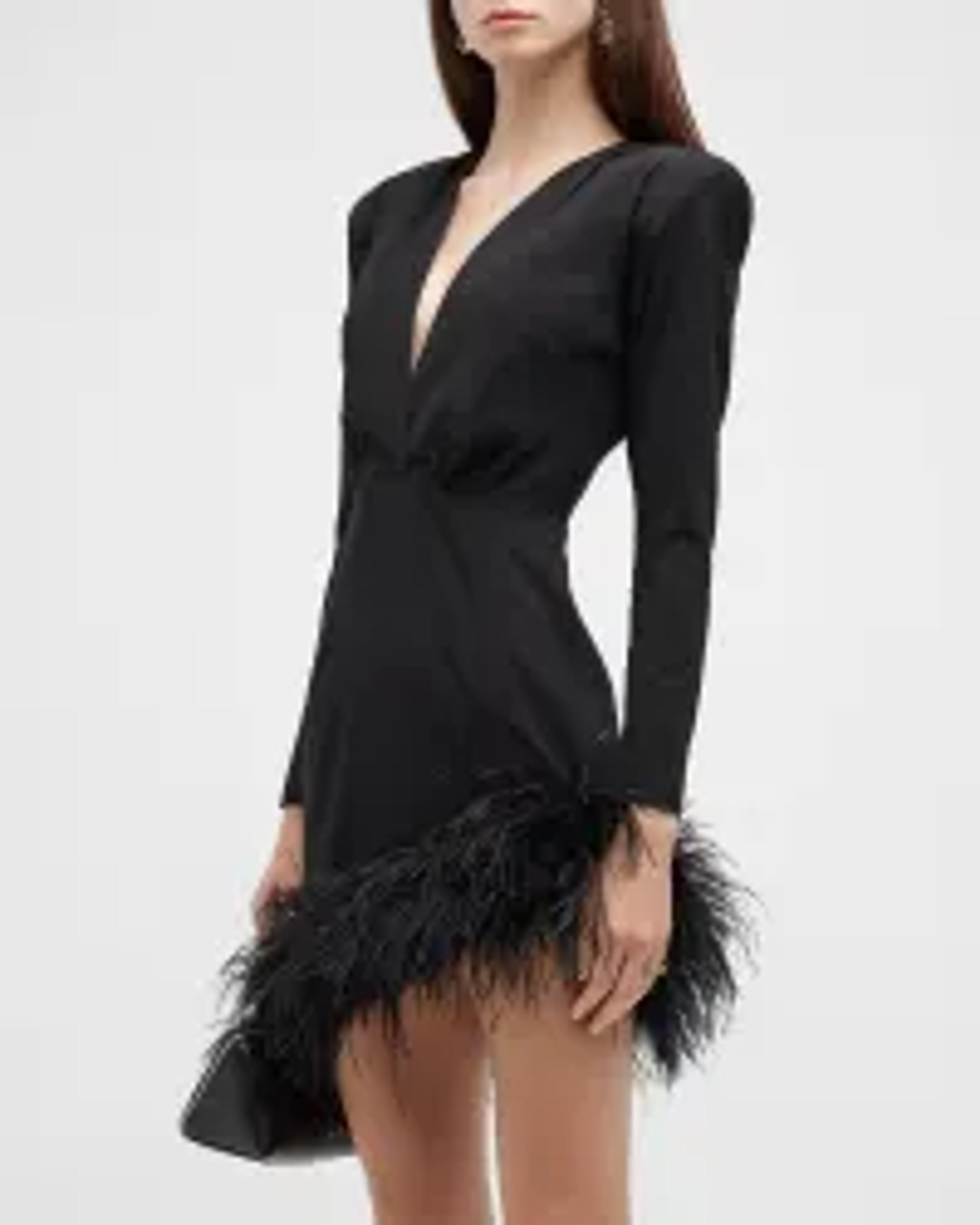 NEW ARRIVALS - Gabrielle Asymmetric Feather-Trim Mini Dress