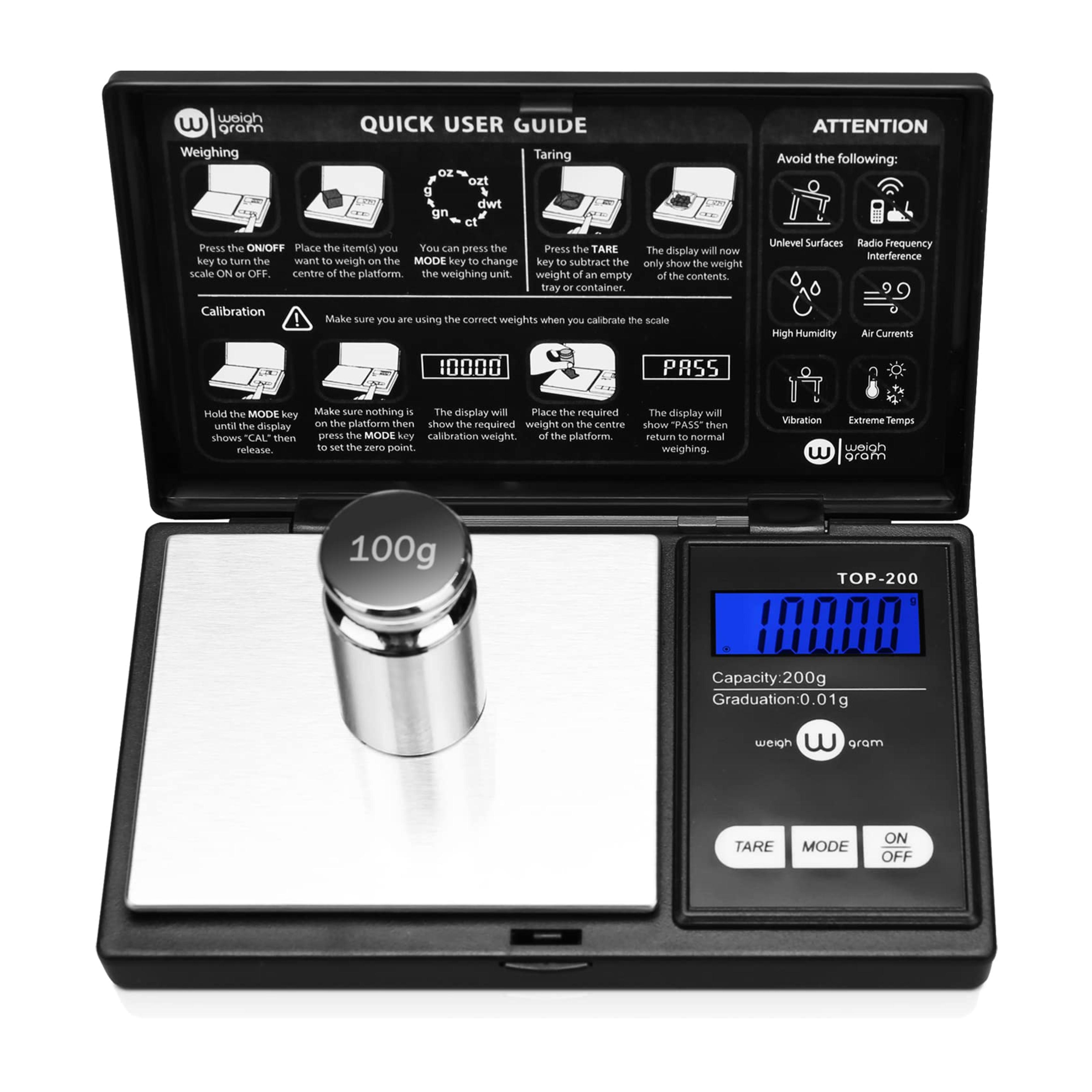 Gram Scale, Mini Scale Digital Pocket Scale,200g x 0.01g,Digital Grams Scale, Food Scale, Jewelry Scale Black, Kitchen Scale With100g Calibration Weight