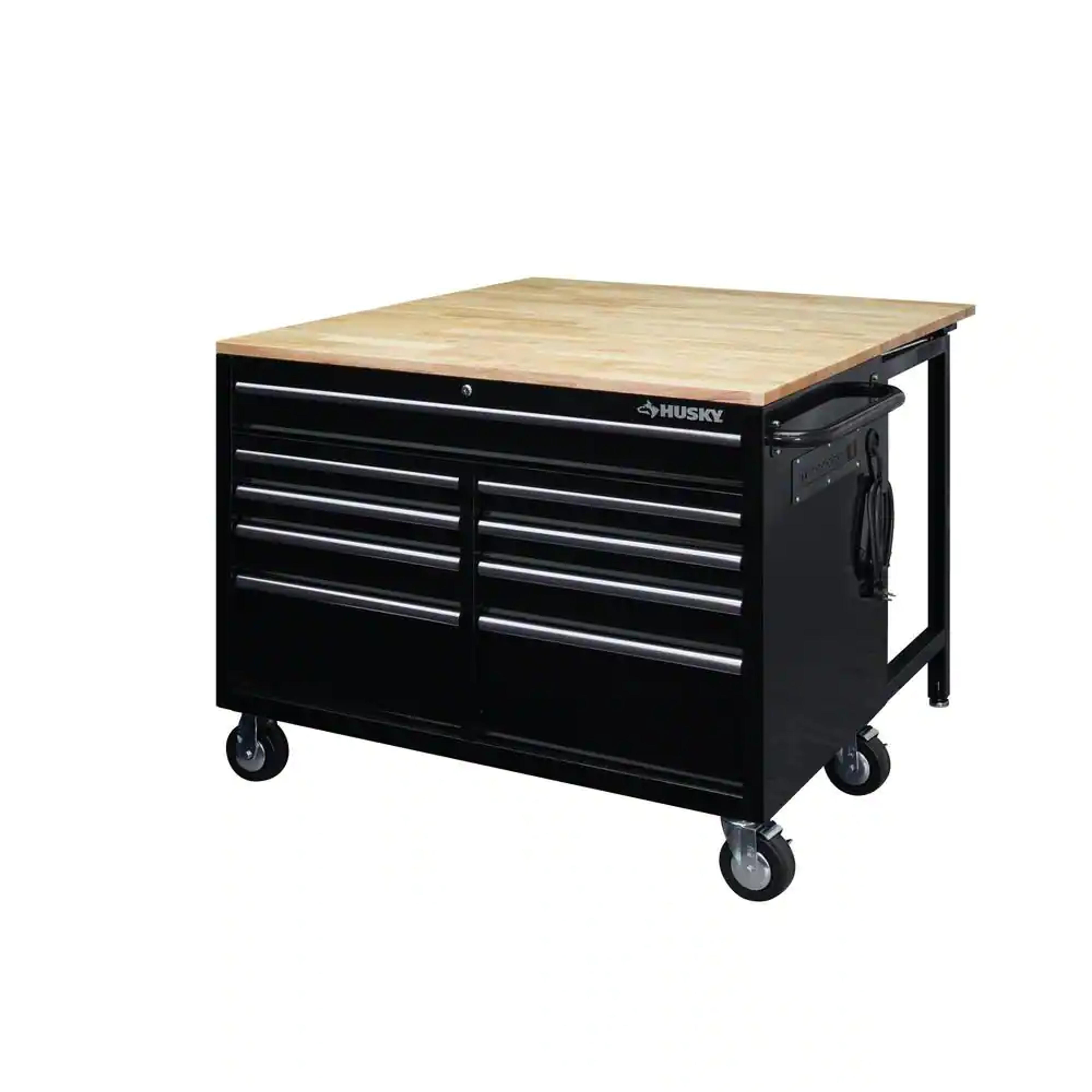 Husky 46 in.W x 51 in. D Standard Duty 9-Drawer Mobile Workbench with Solid Top Full Length Extension Table in Black HOTC4609B15M - The Home Depot