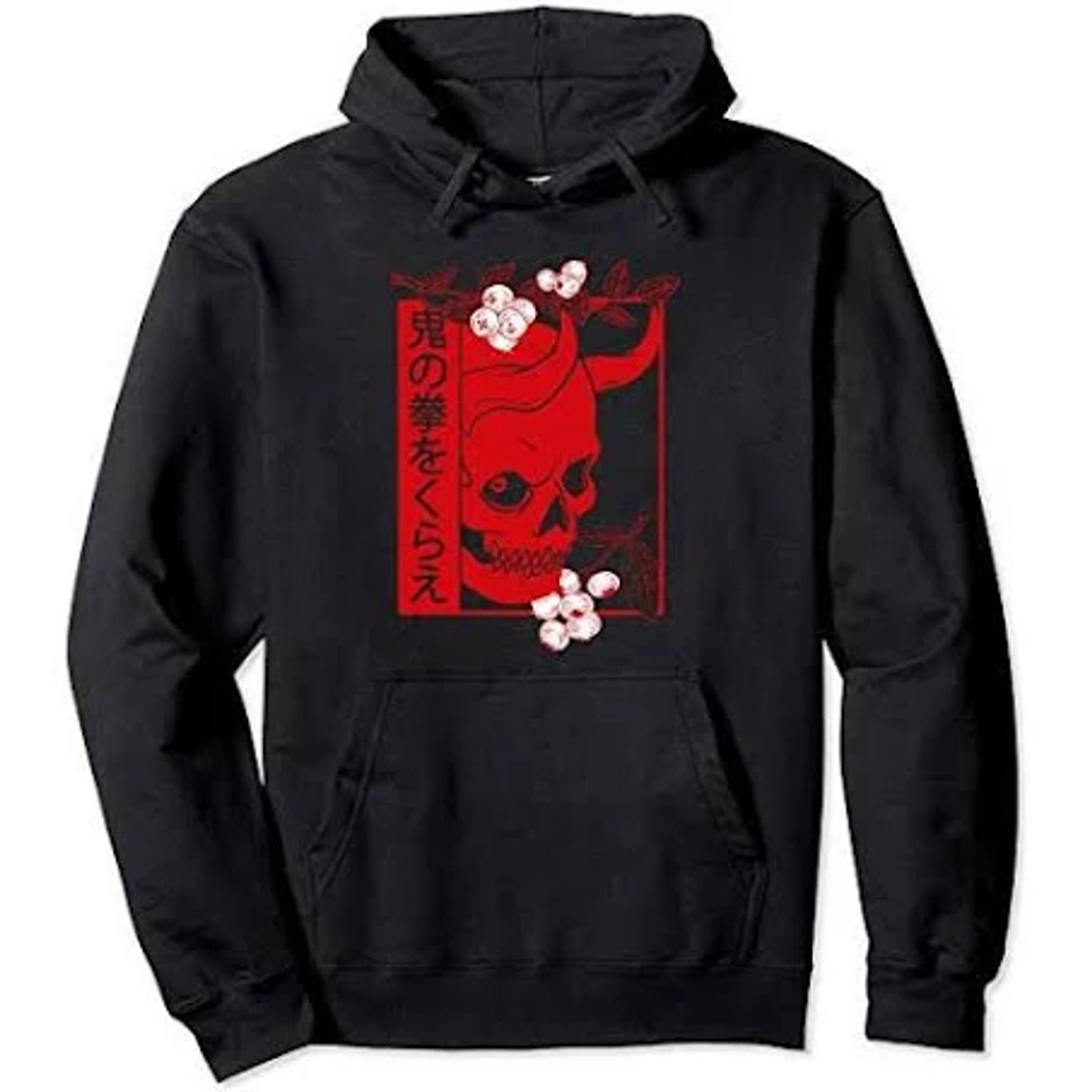 Japanese Demon Art Face Skull Devil Oni Harajuku Aesthetic Pullover Hoodie