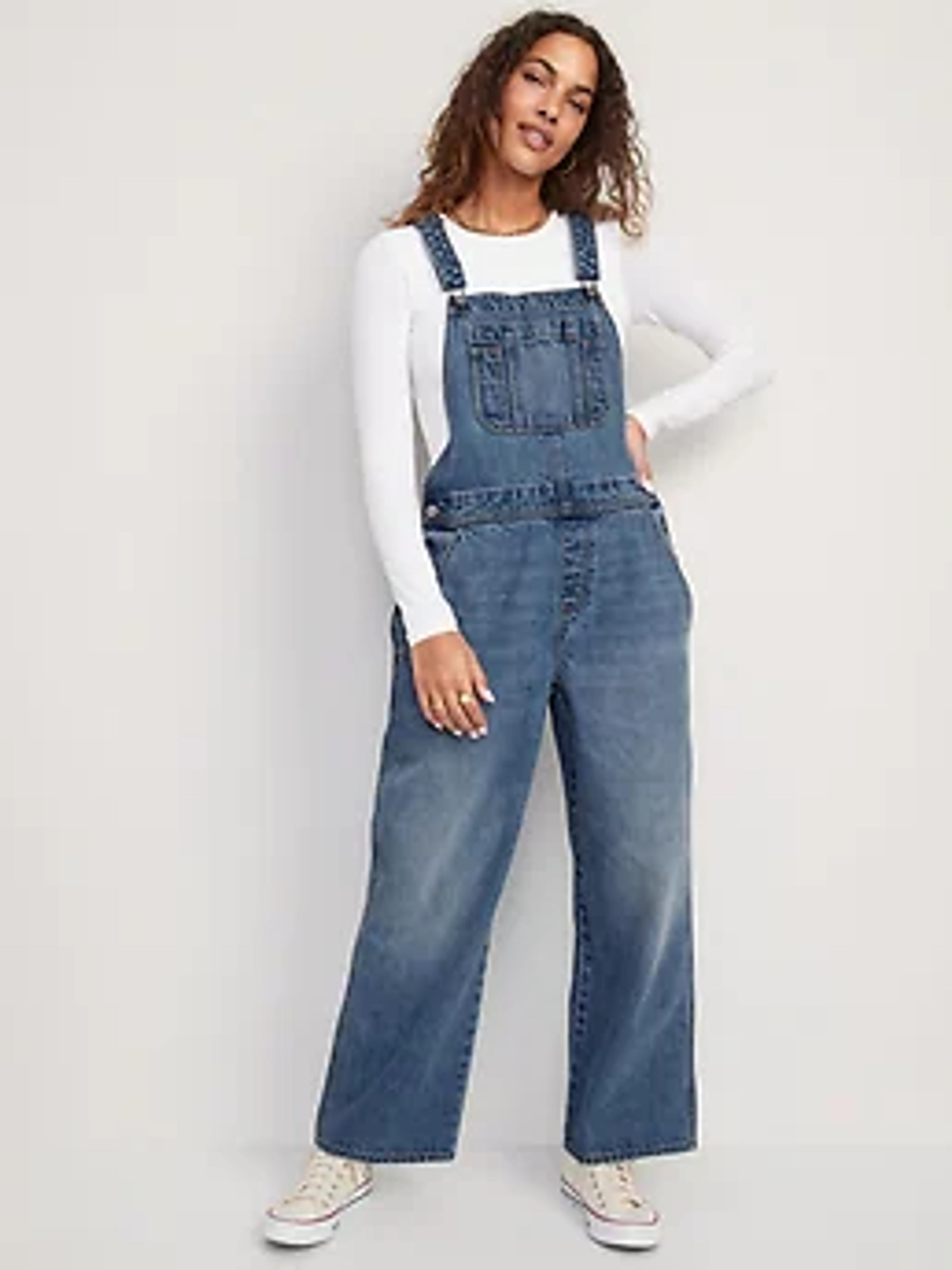 Baggy Wide-Leg Non-Stretch Jean Overalls for Women