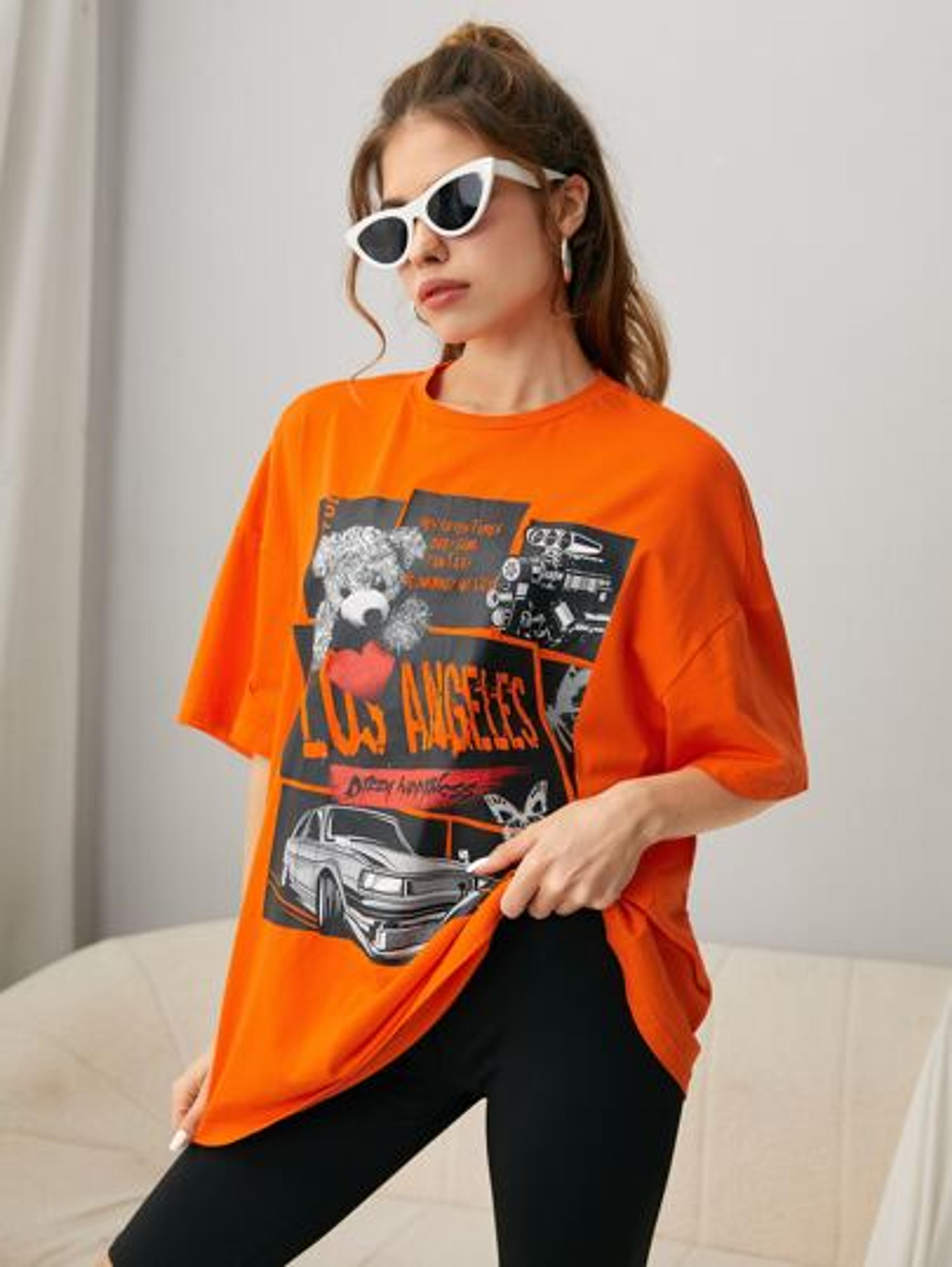 Is That The New Neon Orange Drop Shoulder Letter & Bead Print Tee ??| ROMWE USA