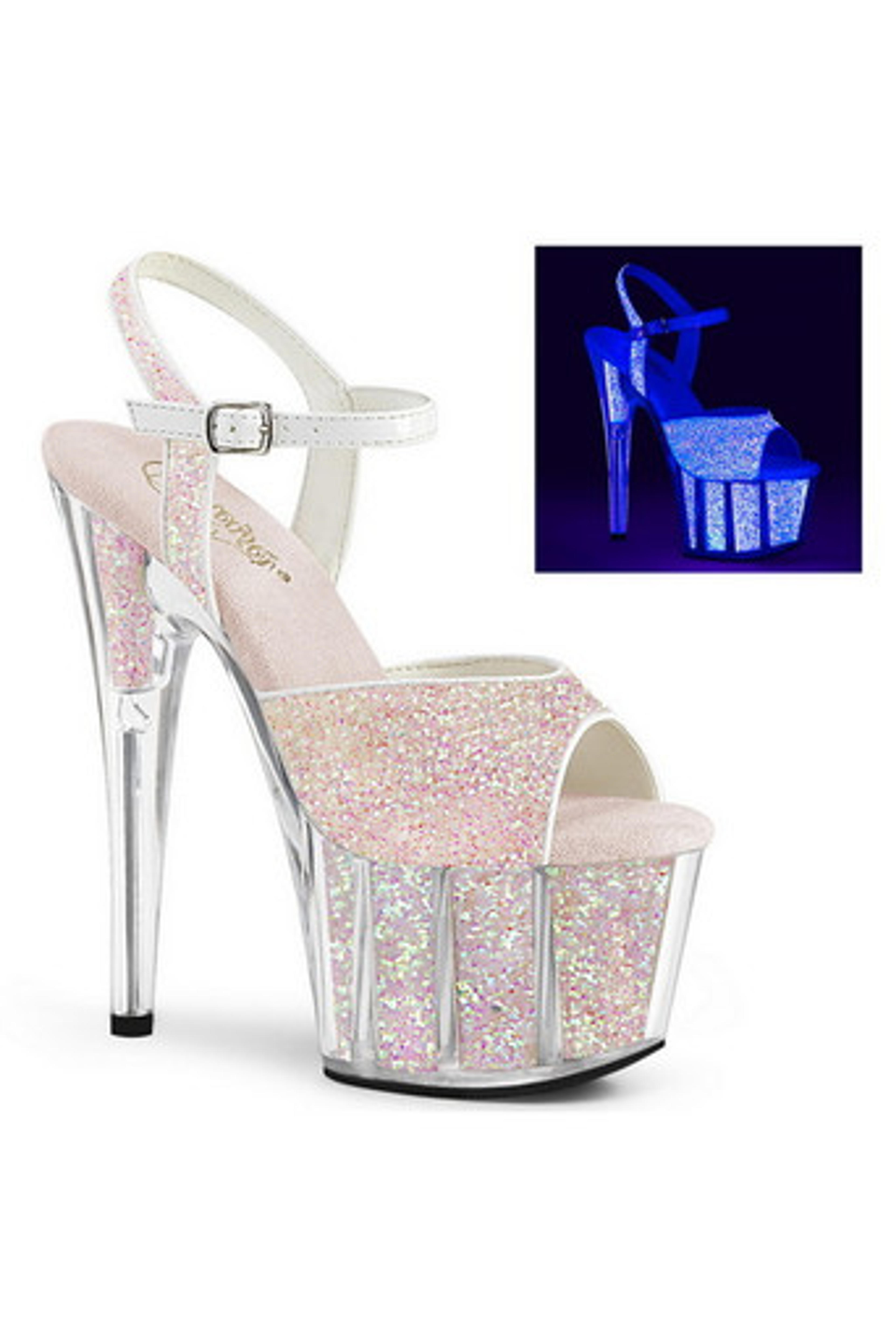 7" Heel Neon Opal Glitter Platform Ankle Strap Sandals- Spicy Lingerie