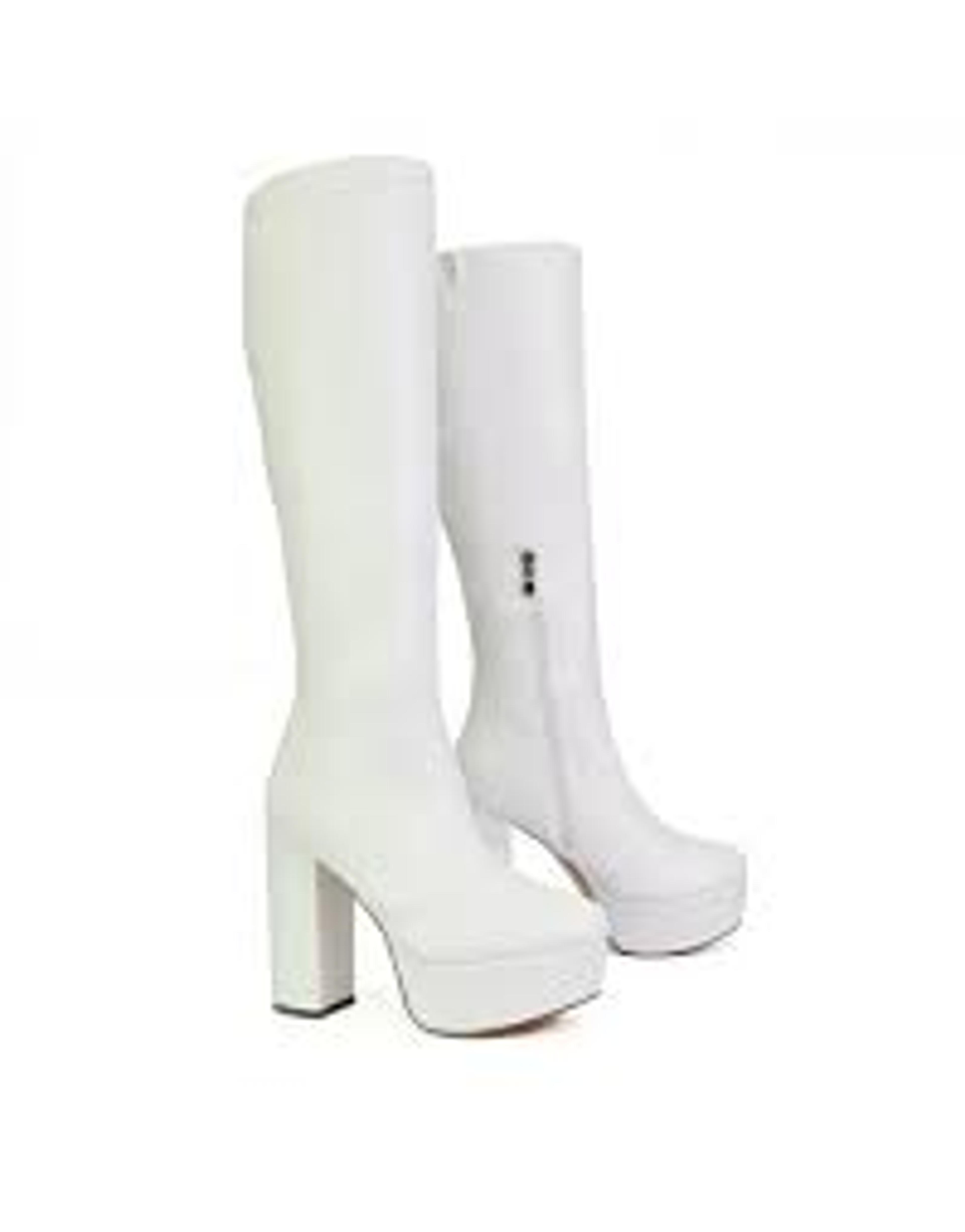 Nash Platform Knee High Boots With Chunky Block High Heel In White Synethetic Leather