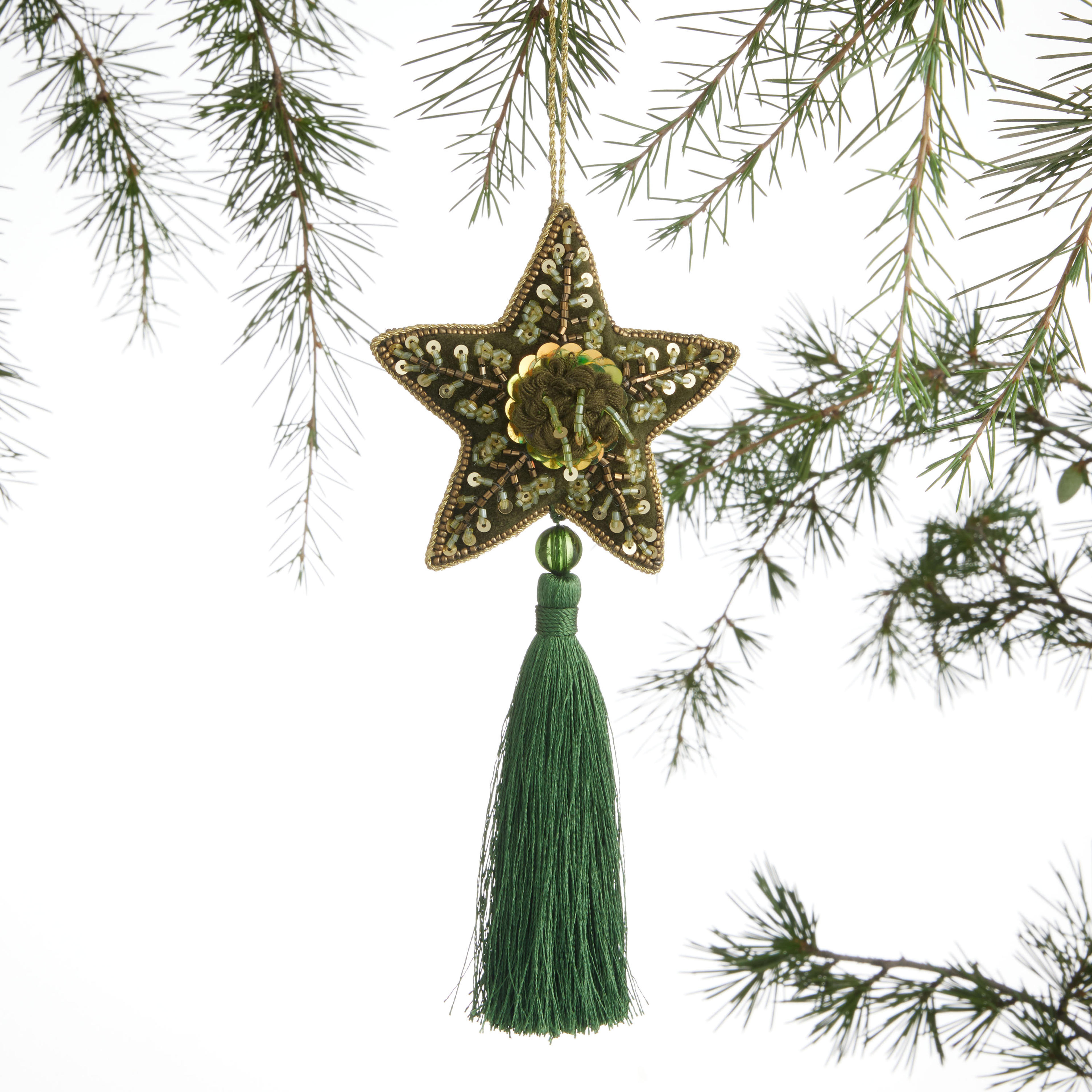 Green Velvet Star With Tassel Ornament