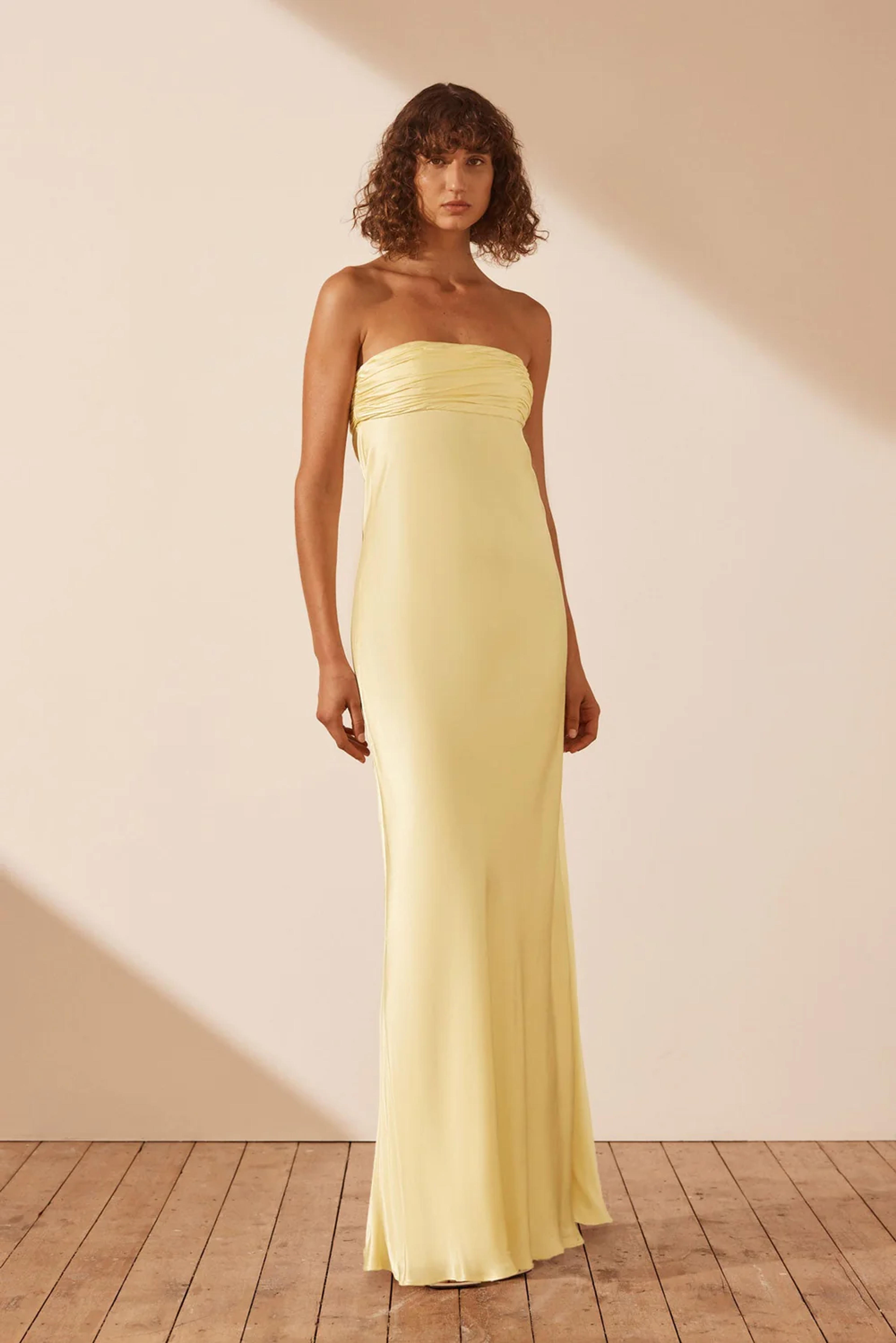 La Lune Strapless Ruched Bodice Maxi Dress | Lemon | Dresses | Shona Joy – Shona Joy International