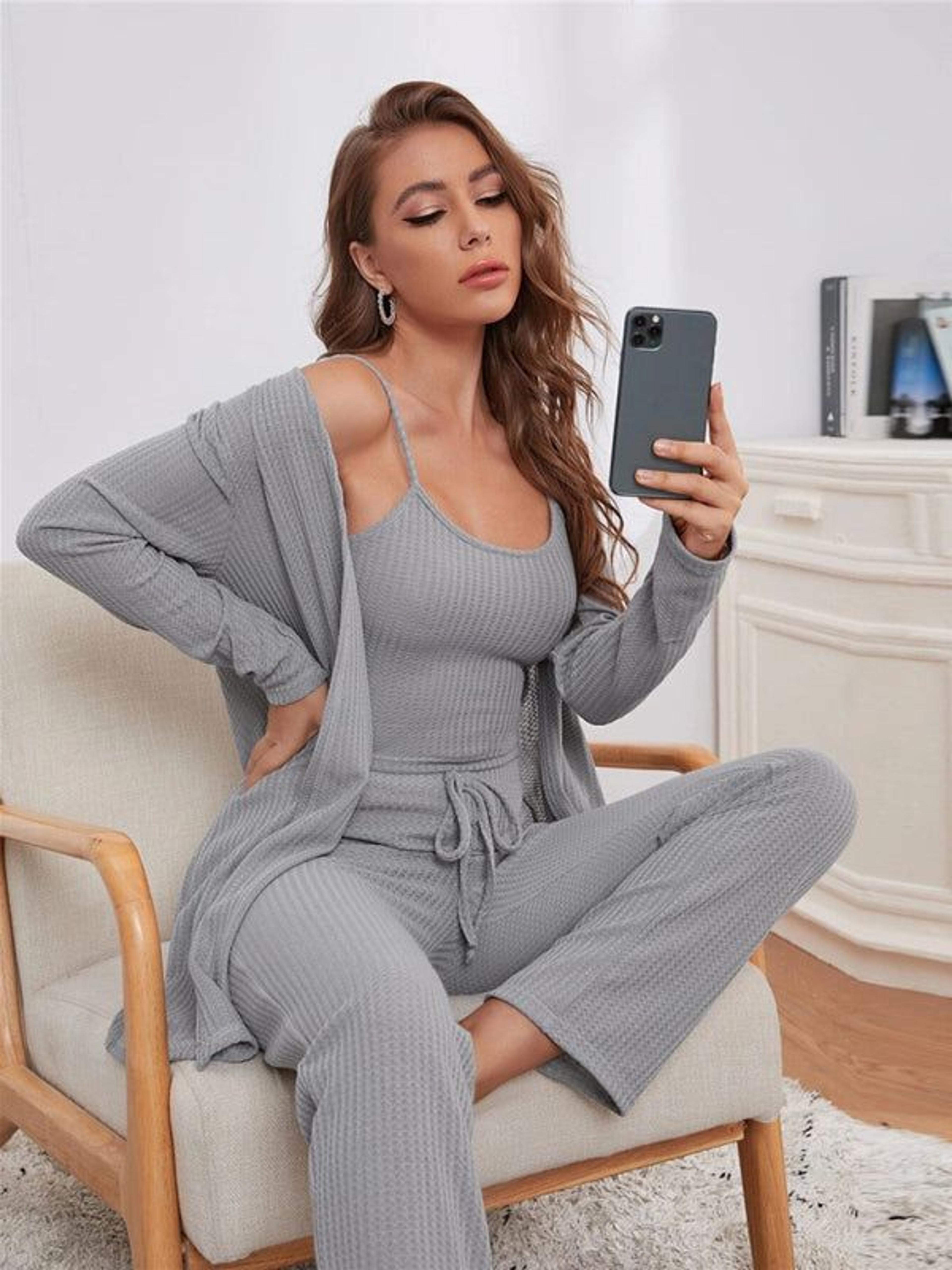 Loungewear Women's Waffle Knit Long Three-Piece Suit - Green / L