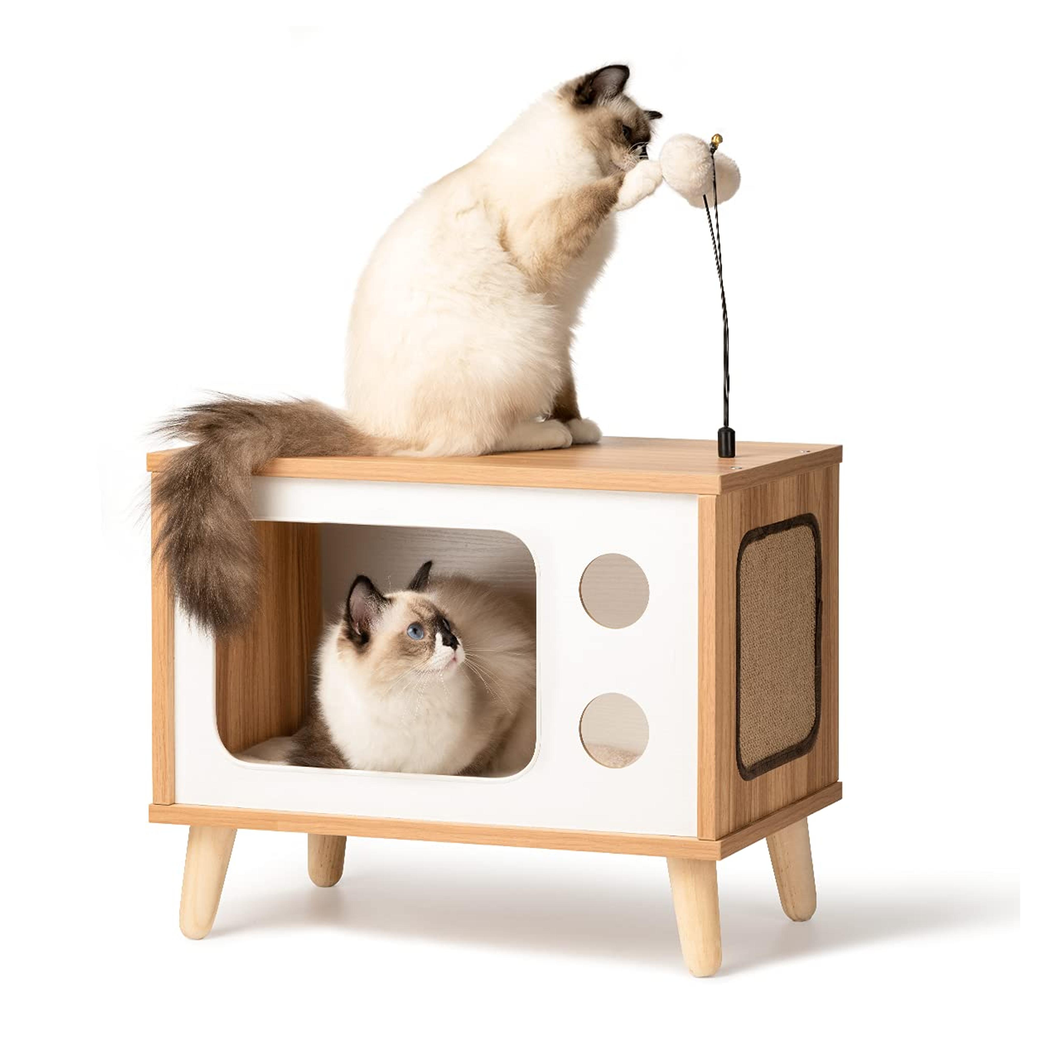 Amazon.com : Cat House Wooden Cat Condo Cat Bed Indoor TV-Shaped Sturdy Large Luxury Cat Shelter Furniture with Cushion Cat Scratcher Bell Ball Toys : Pet Supplies