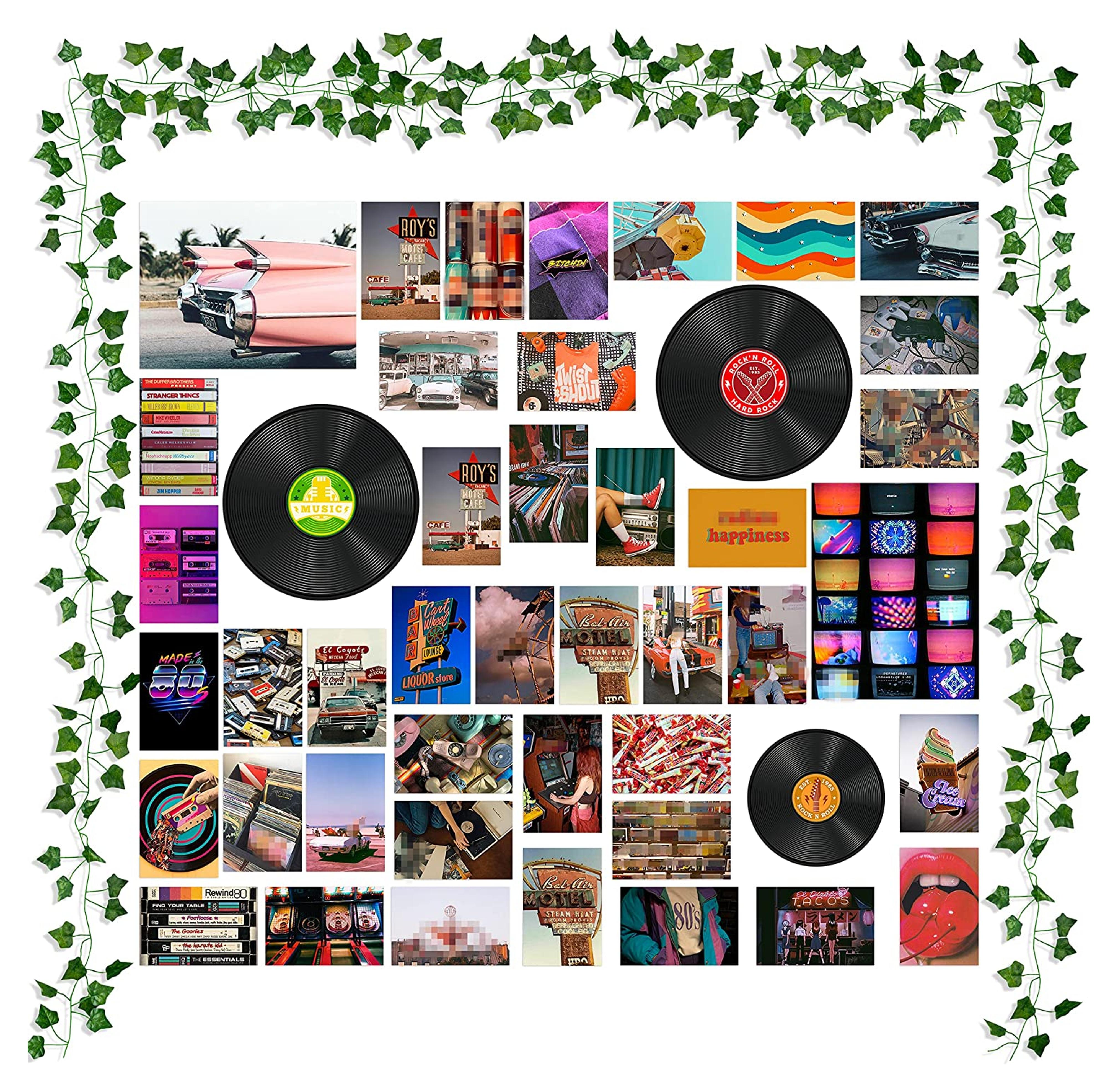 K1tpde 48PCS Retro Room Decor Wall Collage Aesthetic with Fake Vines, Retro Records Picture for Wall Collage, Retro Room Decor for Girls, Wall Art Prints with Fake Vine for Bedroom, Retro Records Wall Picture Decor for Teens, Colorful Collage Kit