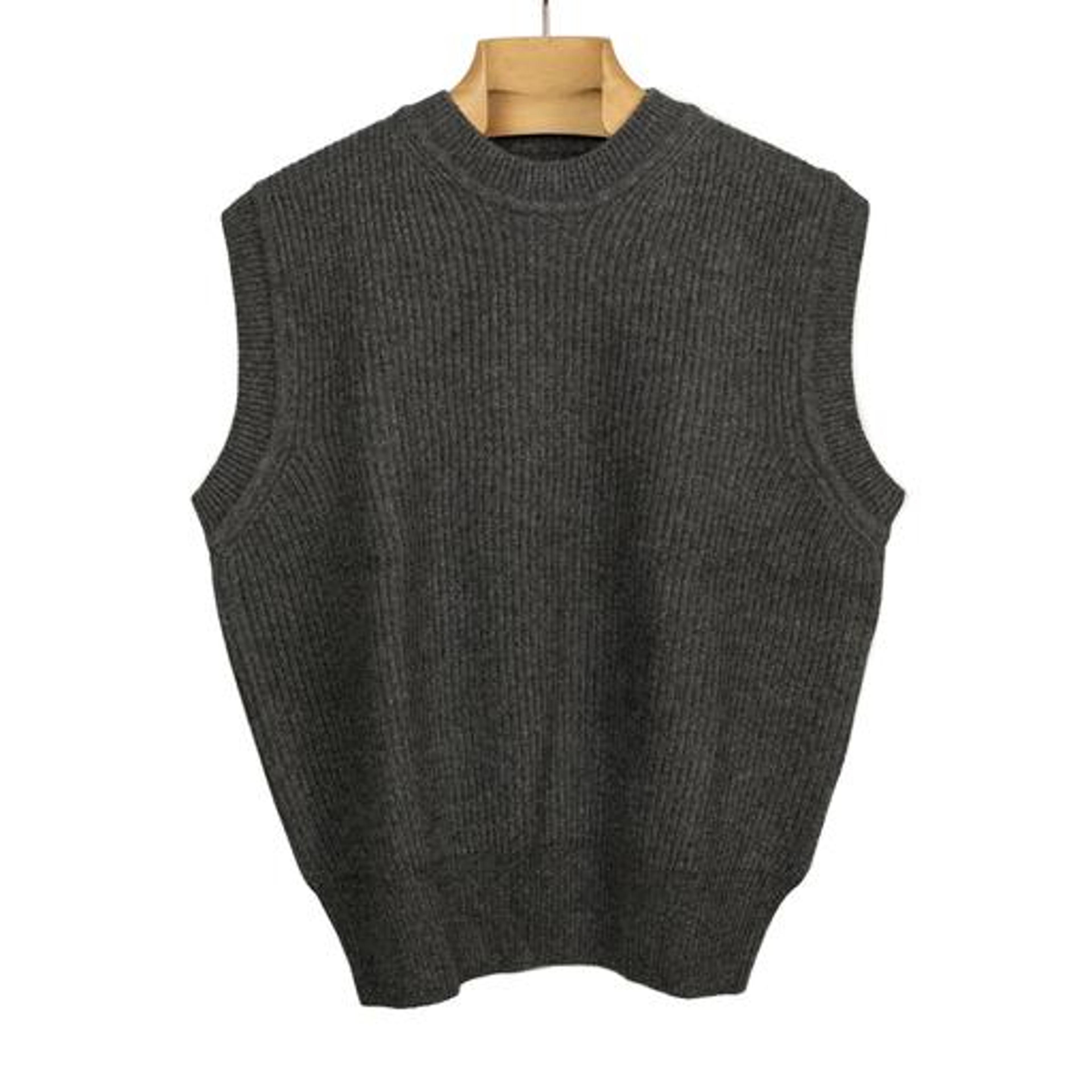 Crewneck sweater vest in charcoal ribbed wool and silk | Knitwear