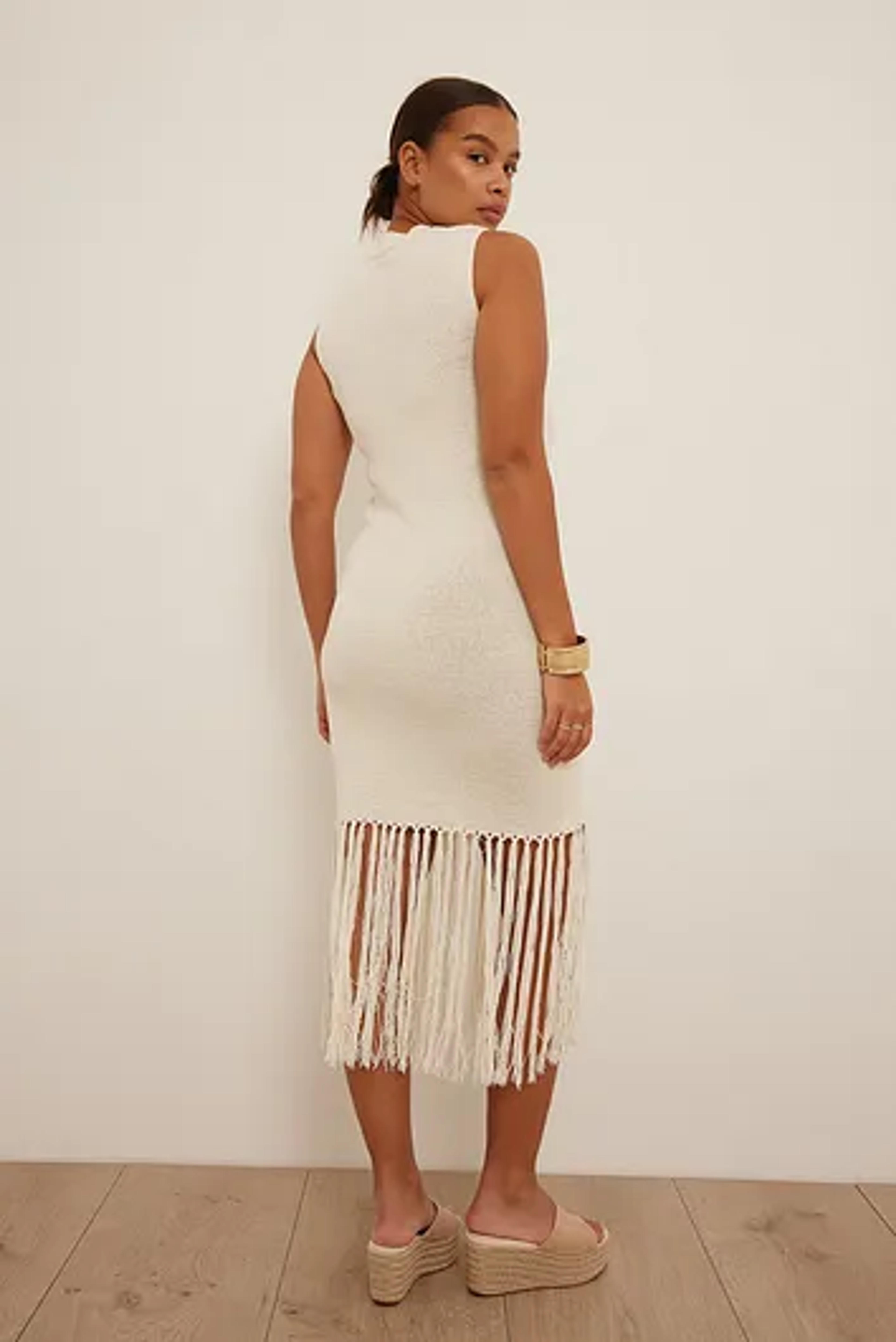 Knitted Midi Fringe Dress Offwhite | na-kd.com