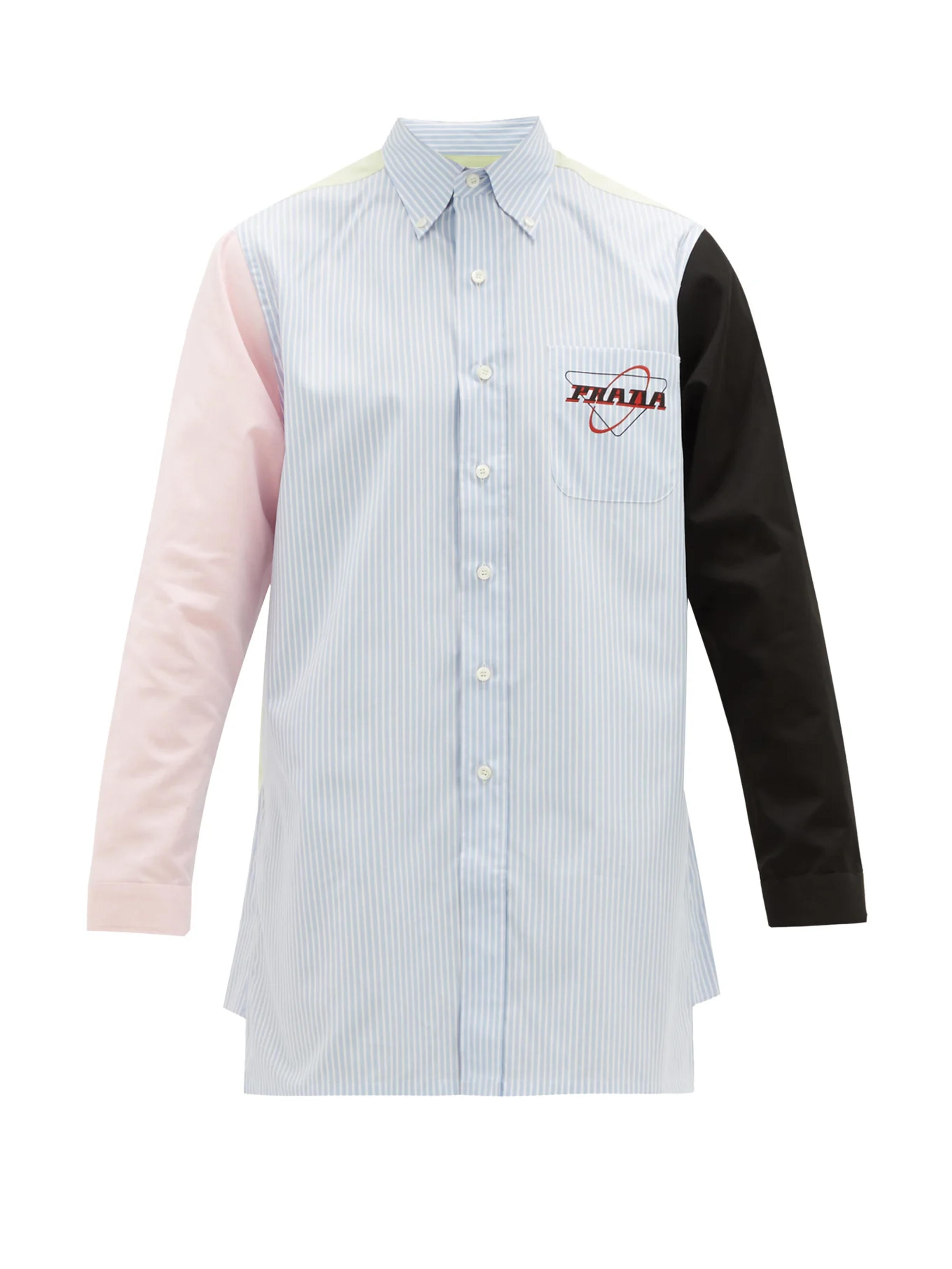 Blue Logo-print contrast-panel cotton-oxford shirt | Prada | MATCHESFASHION US