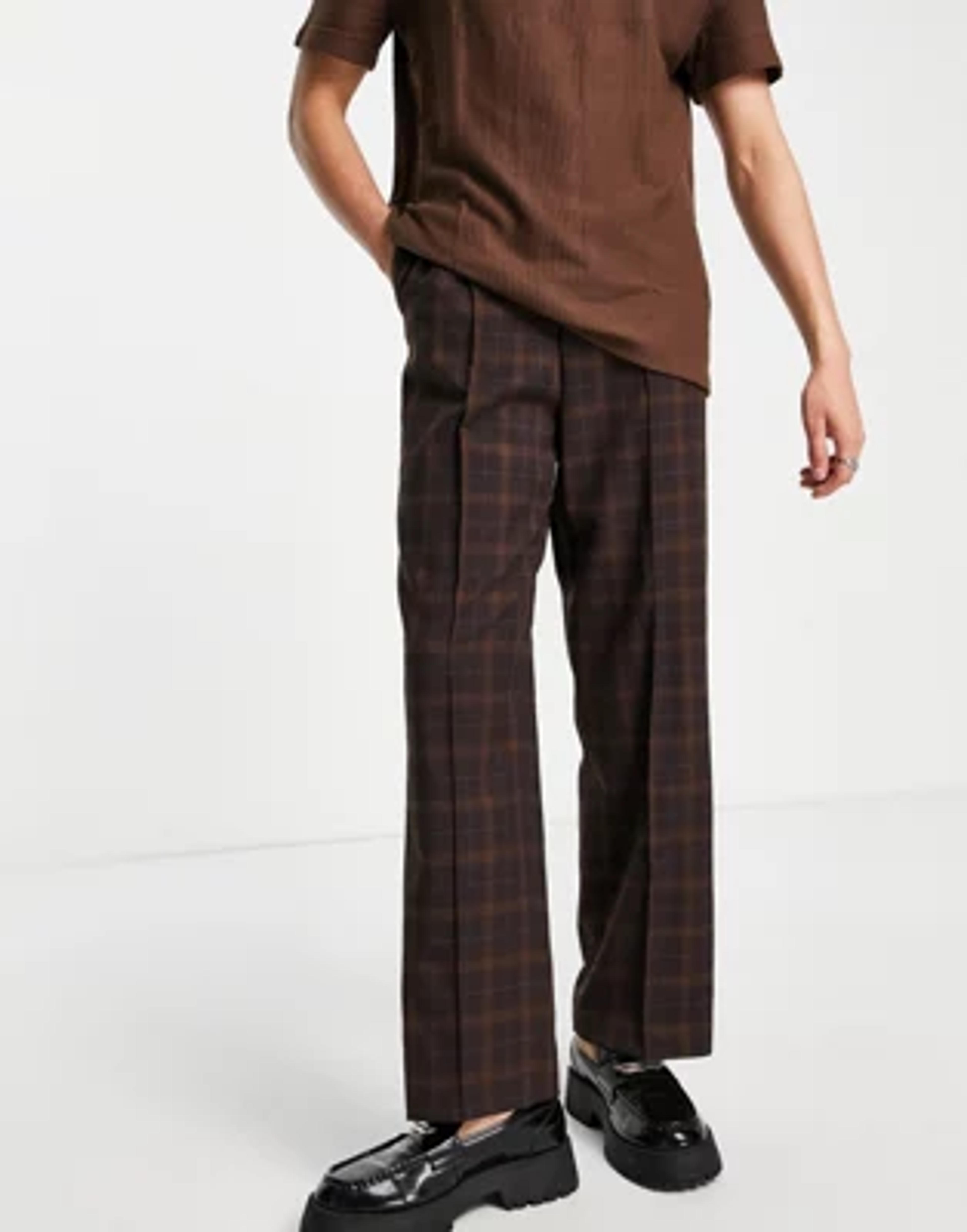 ASOS DESIGN wide leg smart pants with brown highlight plaid and drawstring | ASOS