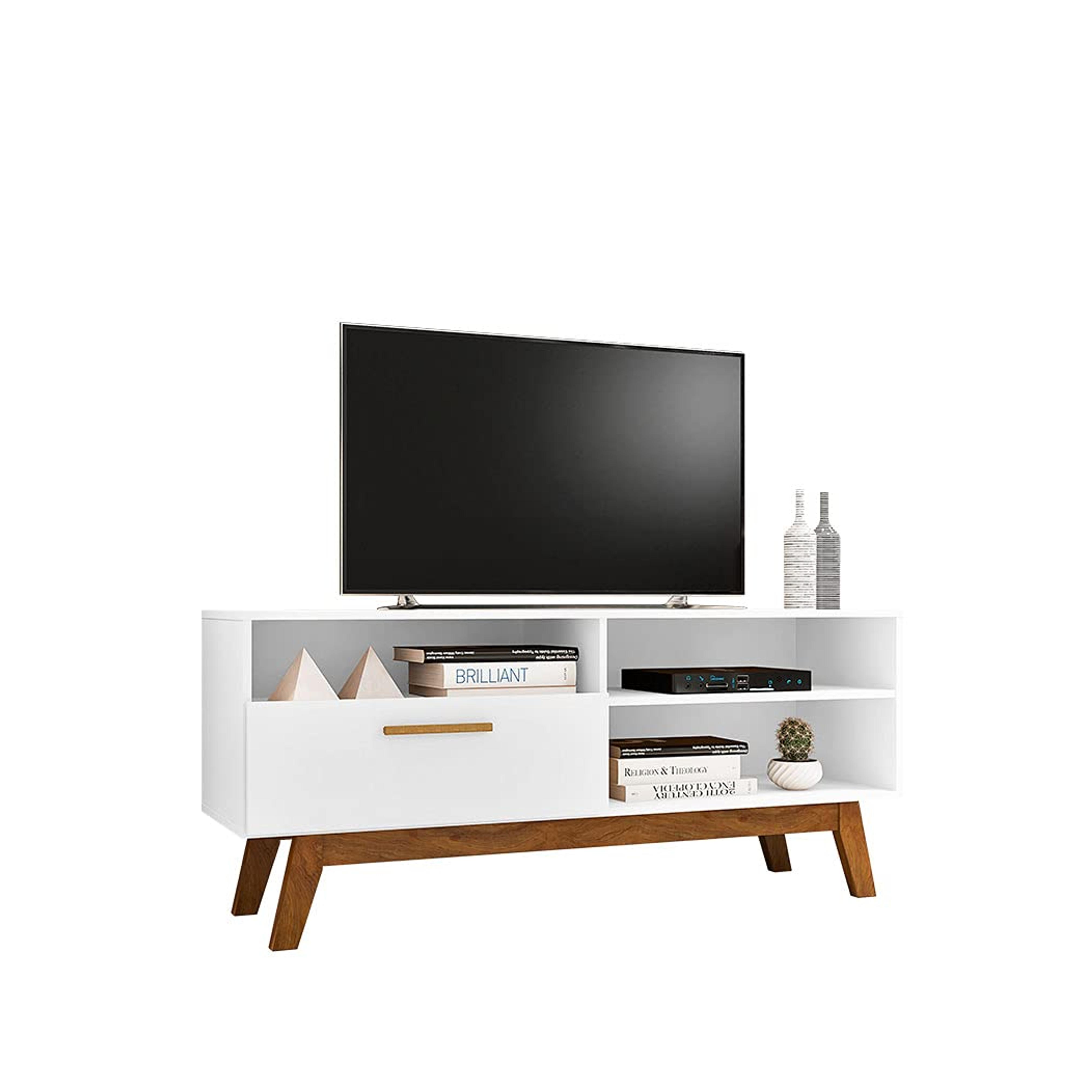 SweetHome Store Joy Mid-Century Modern TV Stand One Door for TVs up to 55 Inches - White